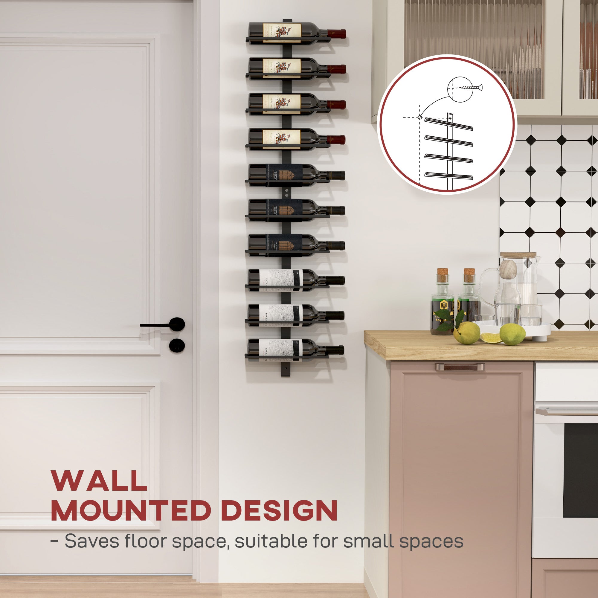 HOMCOM 10-Tier Wall Mount Wine Rack, Steel Wall Wine Rack for 10 Wine Bottles, Wall Wine Display Rack for Kitchen, Dining Room, Home Bar, Black - North Peak Garden Furniture