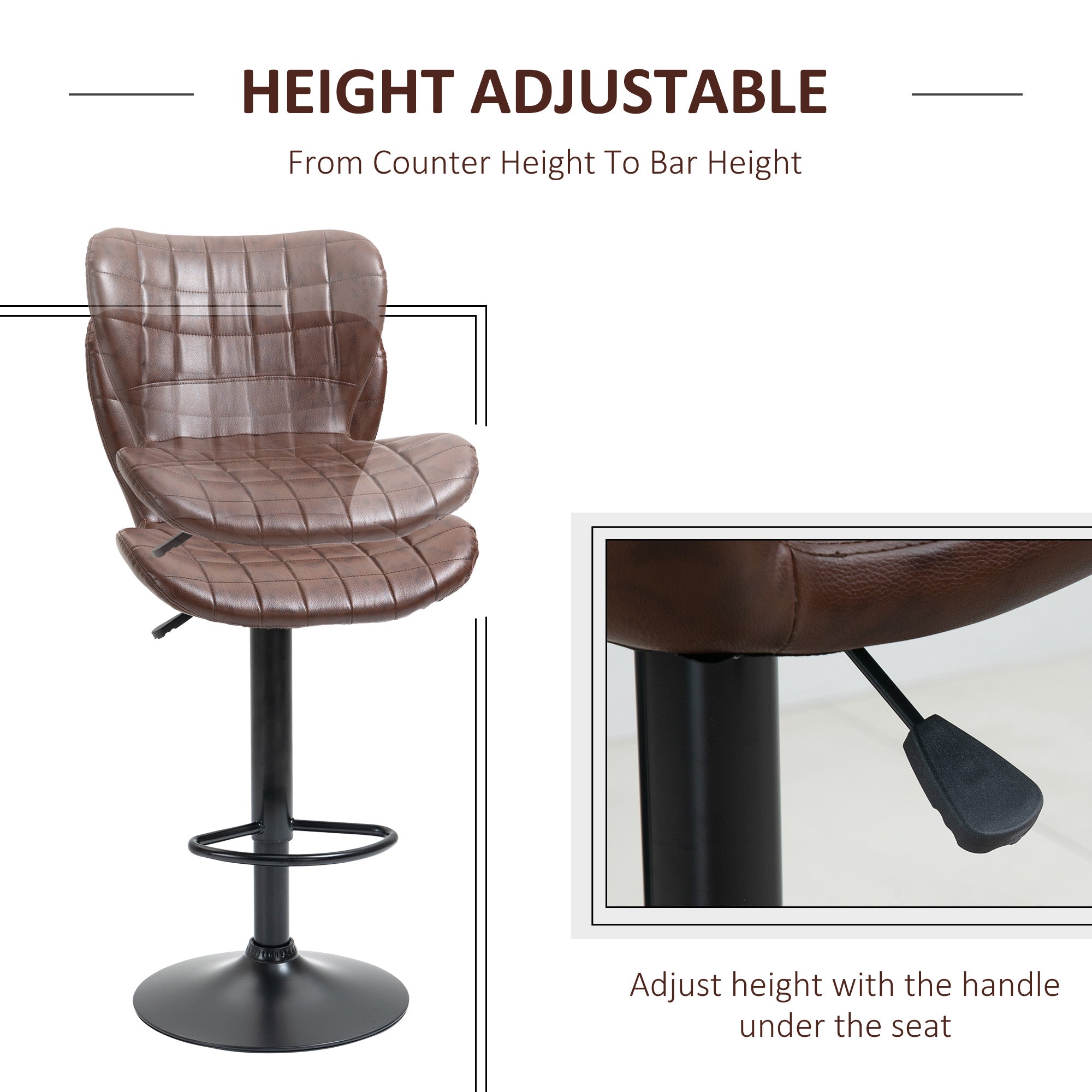 HOMCOM Bar Stools Set of 2 Adjustable Height Swivel Bar Chairs in PU Leather with Backrest & Footrest, Brown - North Peak Garden Furniture