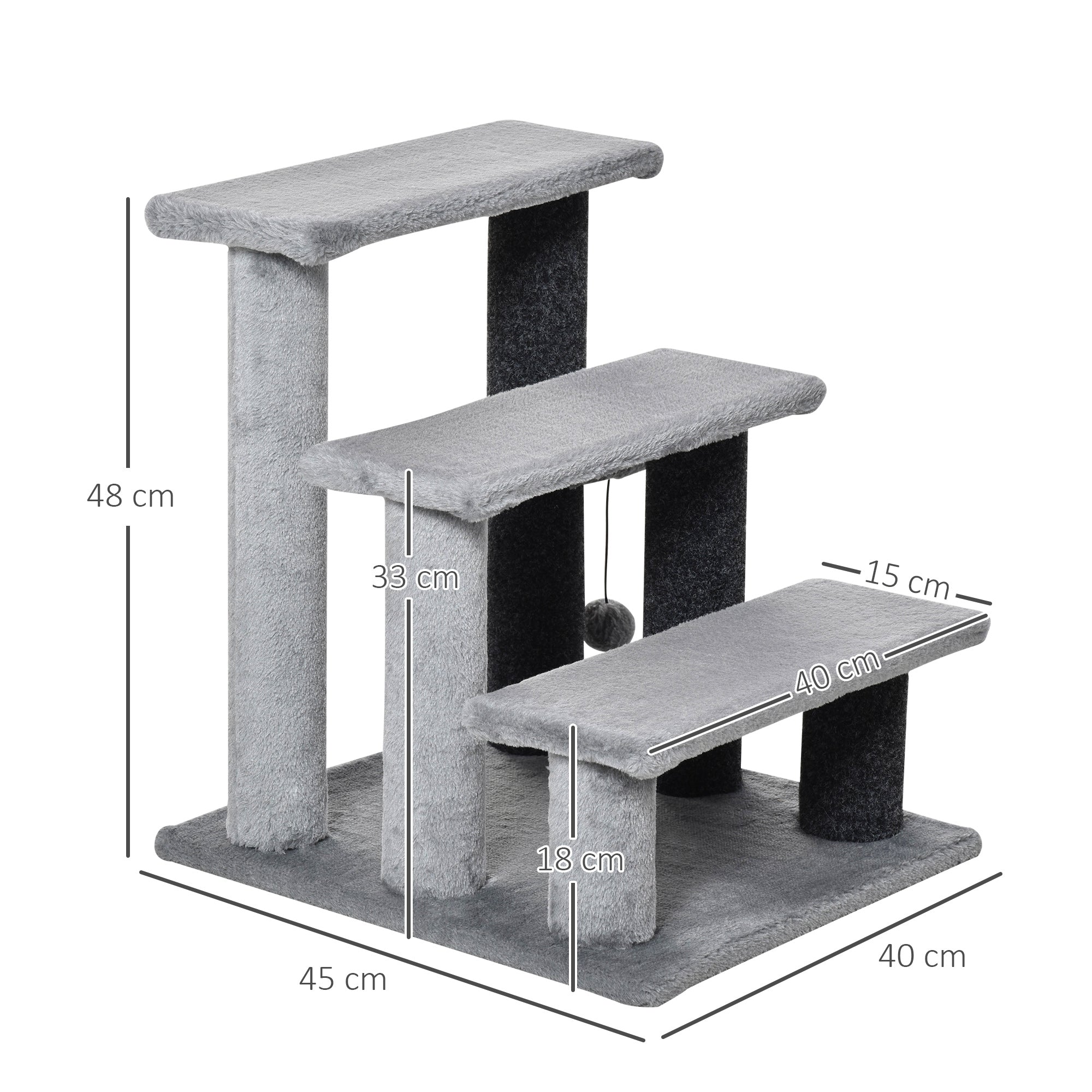 PawHut 3-step Pet Stairs with Scratching Posts, Platforms, Toy Ball, Grey - North Peak Garden Furniture