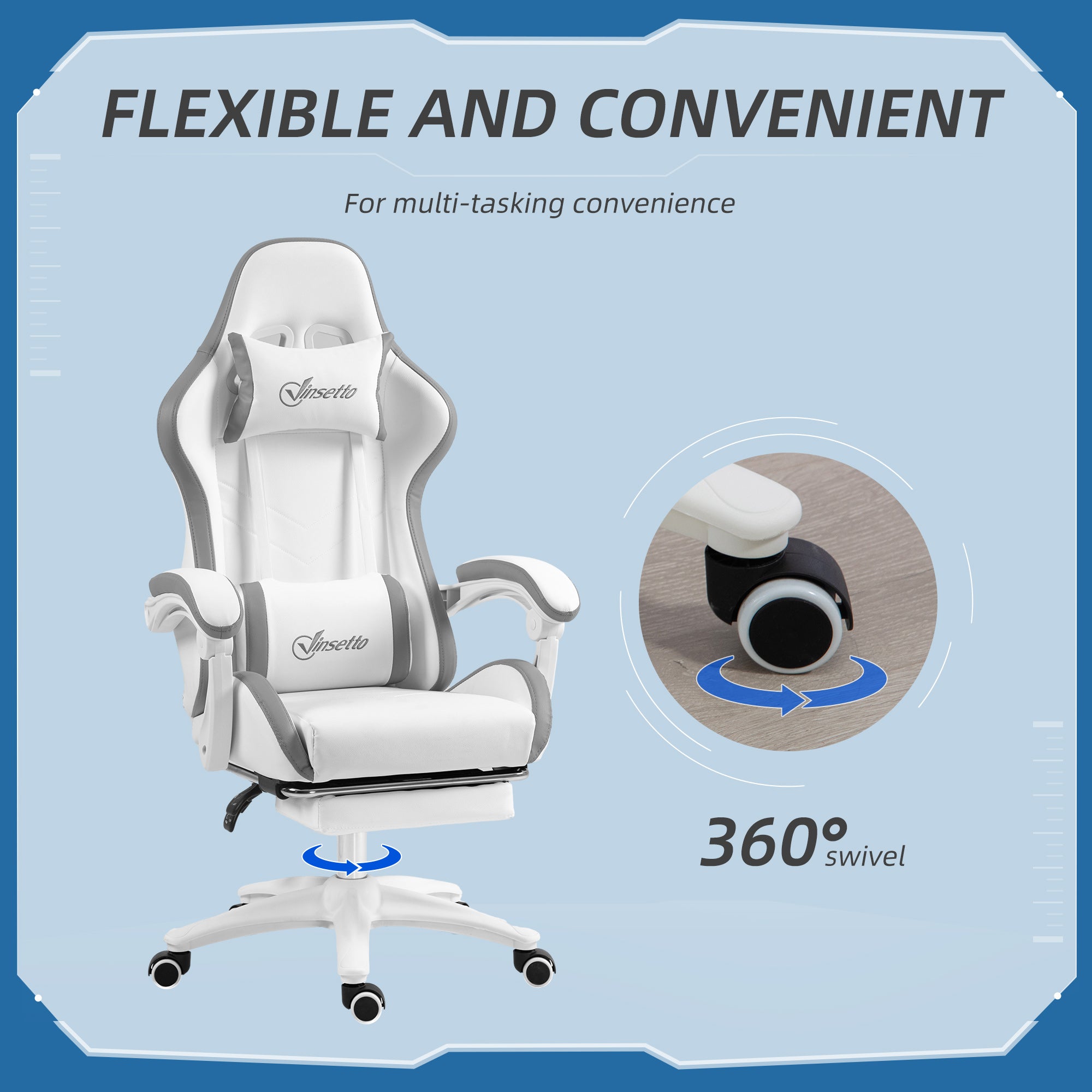 Vinsetto Computer Gaming Chair, PU Leather Desk Chair with Footrest, Swivel Task Chair with 135° Reclining Back and Lumbar Support, PC Chair for Adults, White and Grey - North Peak Garden Furniture
