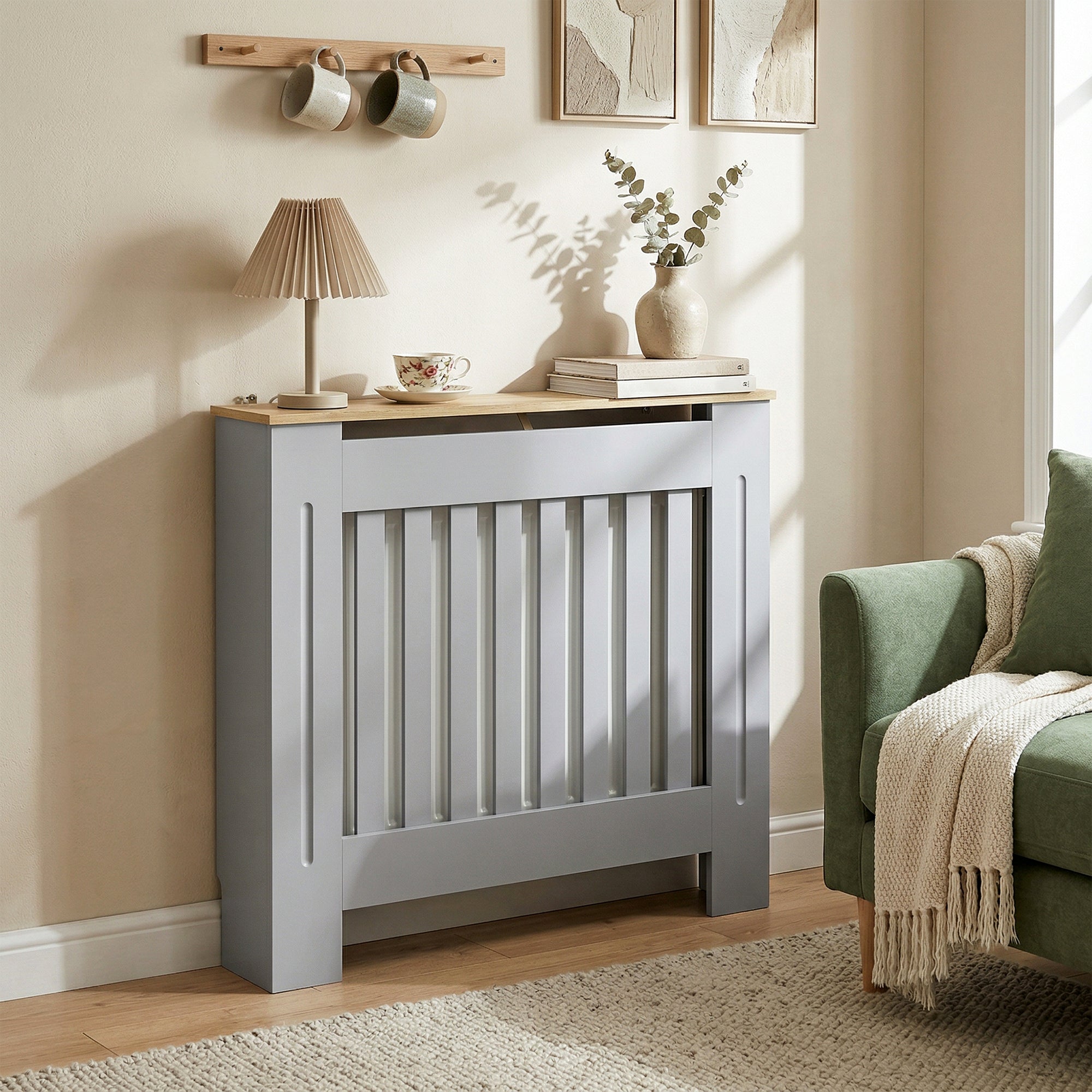 HOMCOM Heater Cover, Radiator Cover Slatted Painted MDF Lined Grill Grey, 78L x 19W x 81H cm