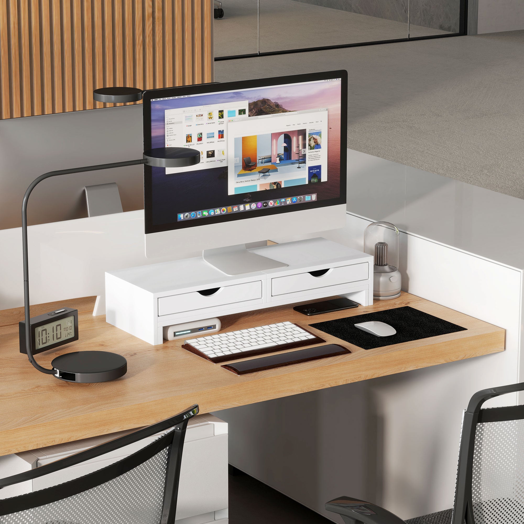 HOMCOM Dual Monitor Stand Riser with 2 Drawers, Adjustable Length and Angle, 116cm Monitor Riser for Laptop, Computer, PC, Small Printer, White - North Peak Garden Furniture