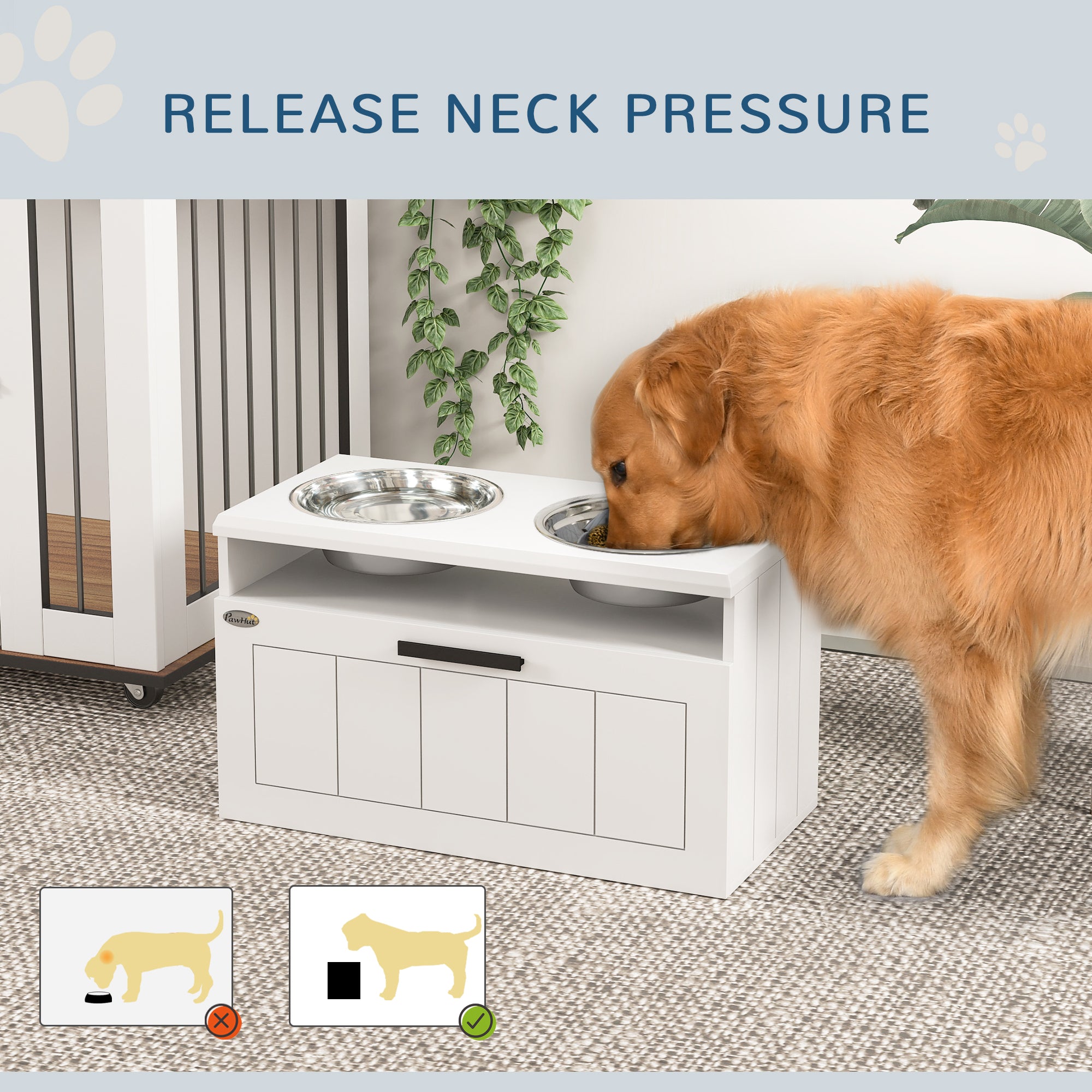 PawHut Raised Dog Bowl with Slow Feeder & 2 Stainless Steel Dog Bowl, 25L Storage Drawer, for Large & Extra Large Dogs, White - North Peak Garden Furniture