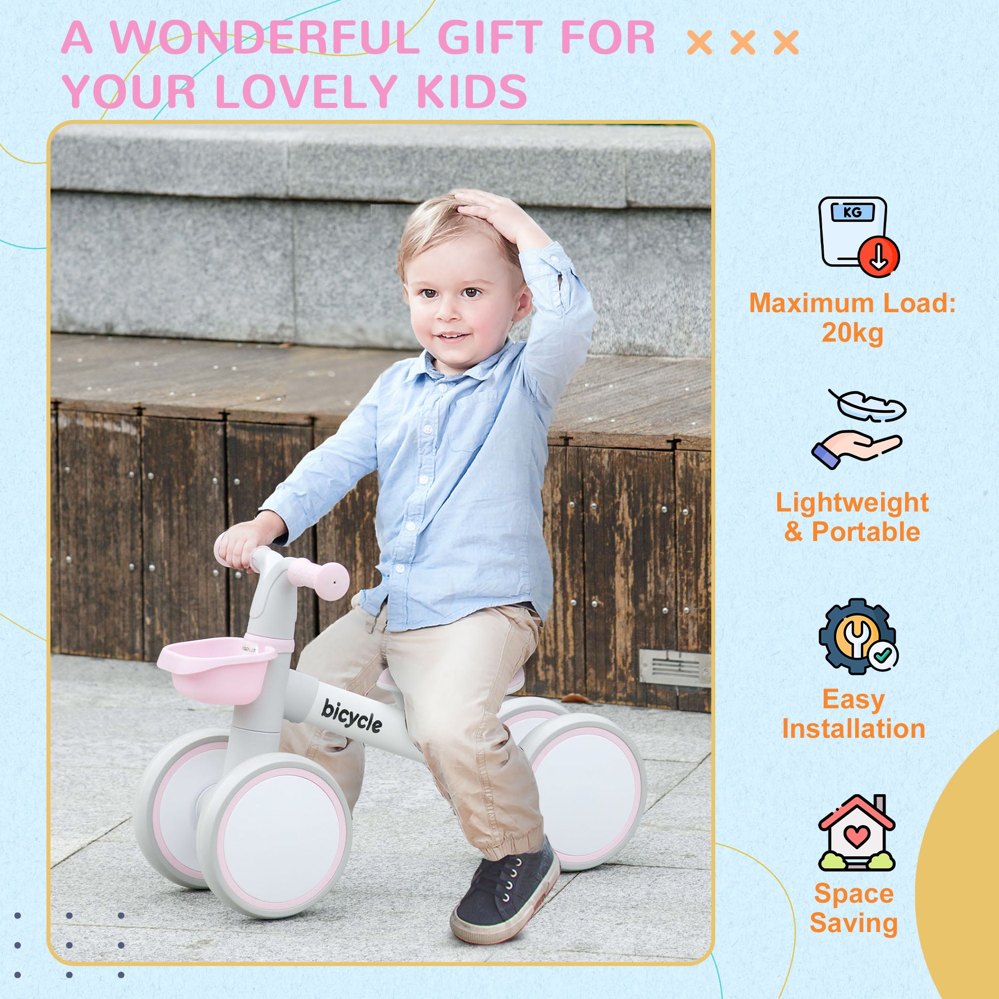 AIYAPLAY Kids Balance Bike for 1-3 Years Old with Adjustable Seat, Silent Wheels, Pink - North Peak Garden Furniture
