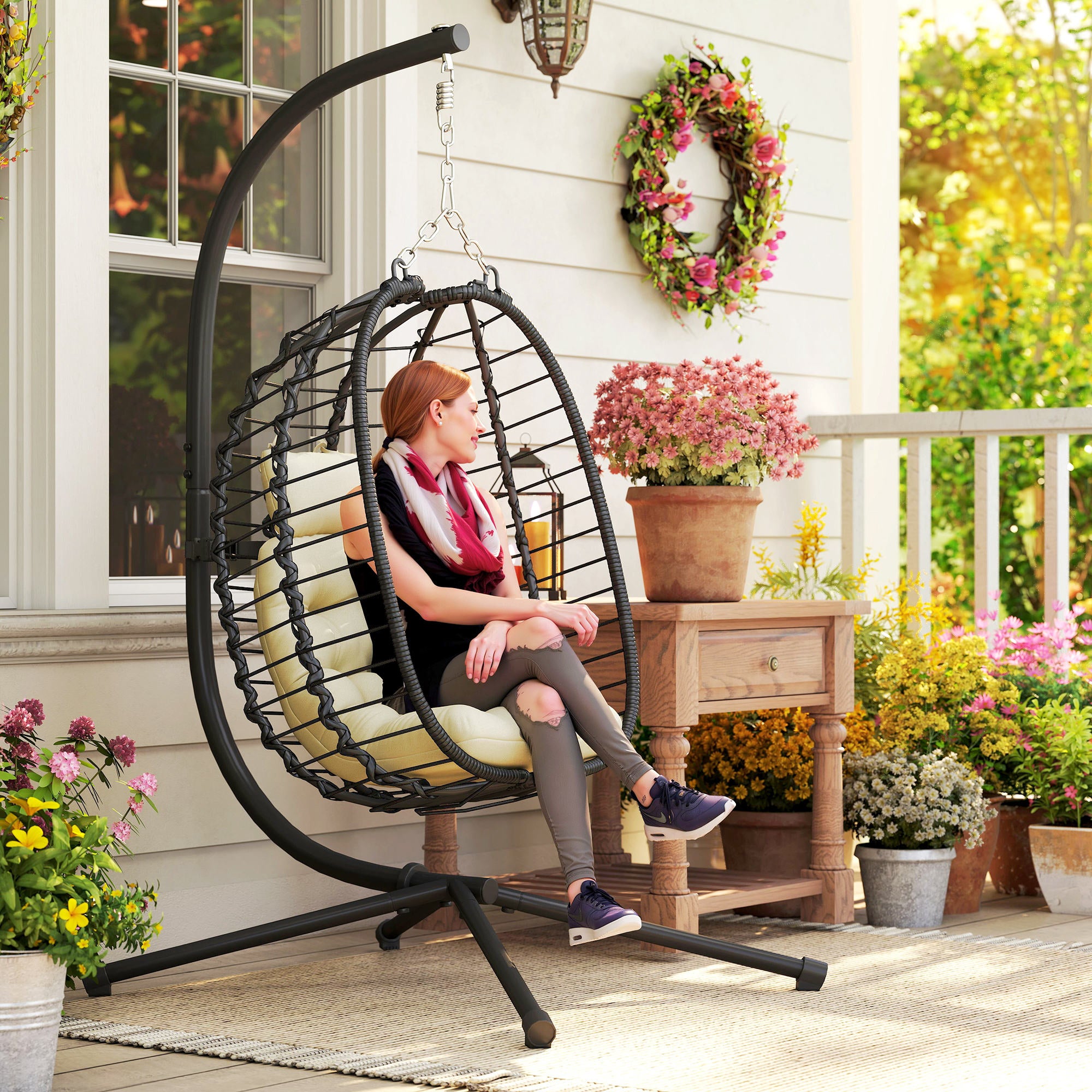 Outsunny Rattan Hanging Egg Chair, Foldable Wicker Hammock Swing Chair with Cushion, Stand, Adjustable Height, Head Pillow, Steel Frame for Garden Patio Indoor Outdoor, Cream White - North Peak Garden Furniture