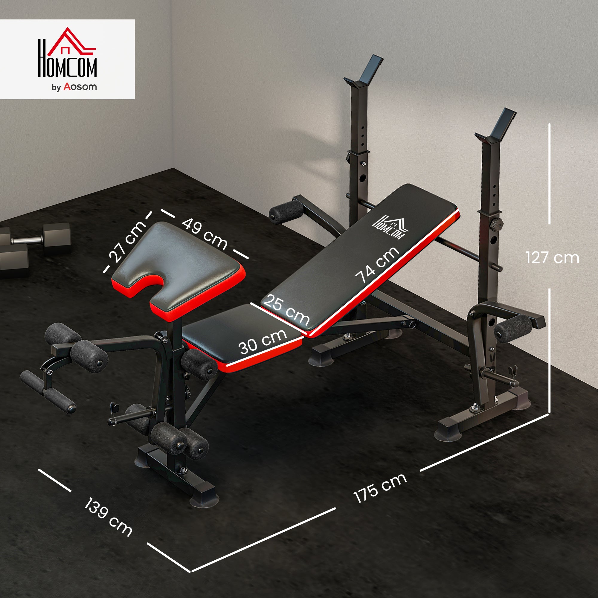 HOMCOM Adjustable Weight Bench with Leg Developer Barbell Rack for Weight Lifting and Strength Training Multifunctional Workout Station for Home Gym Fitness