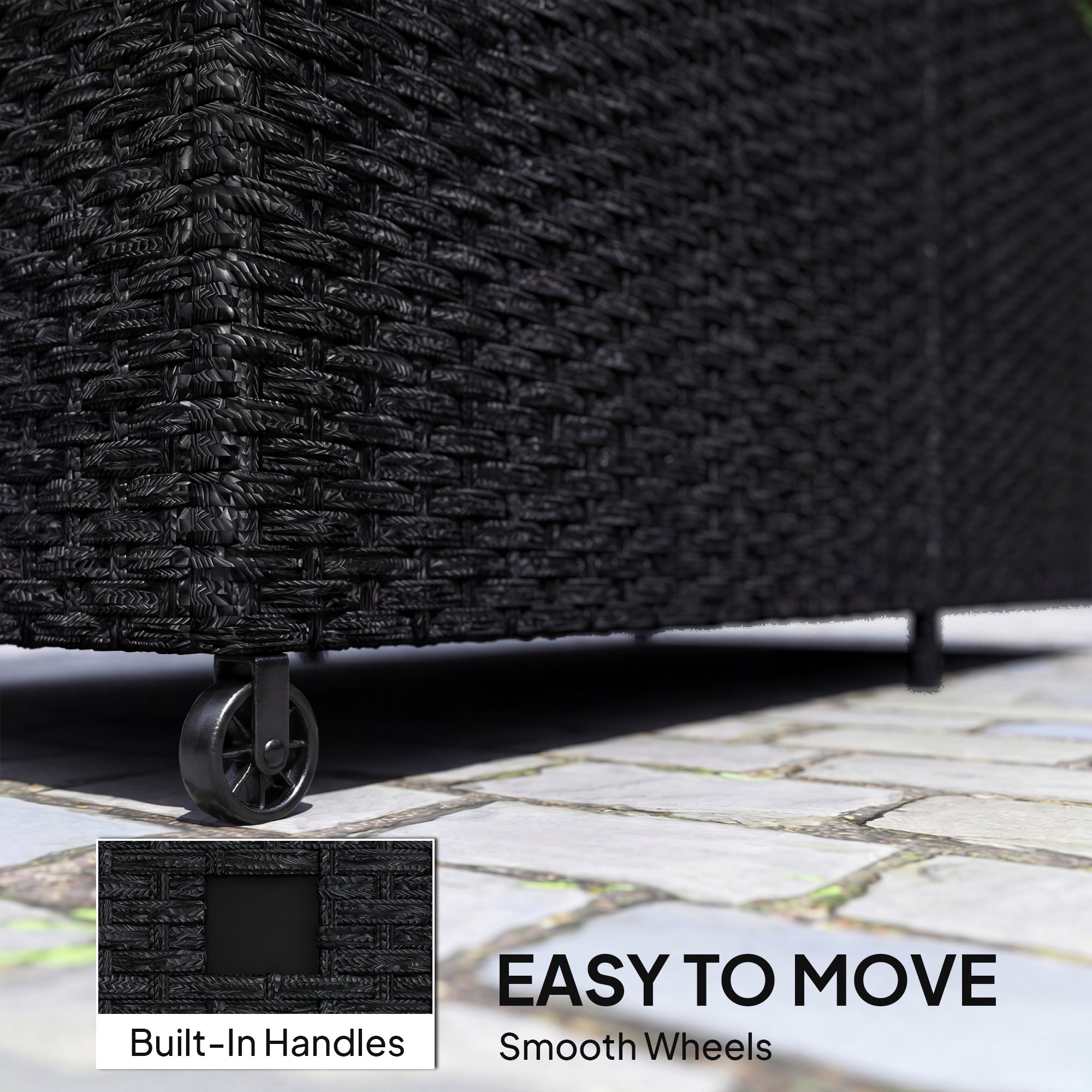 Outsunny 650L Garden Storage Box with 2 Wheels, Rattan Deck Box with Waterproof Zipped Liner, Safe Pneumatic Rods, Black