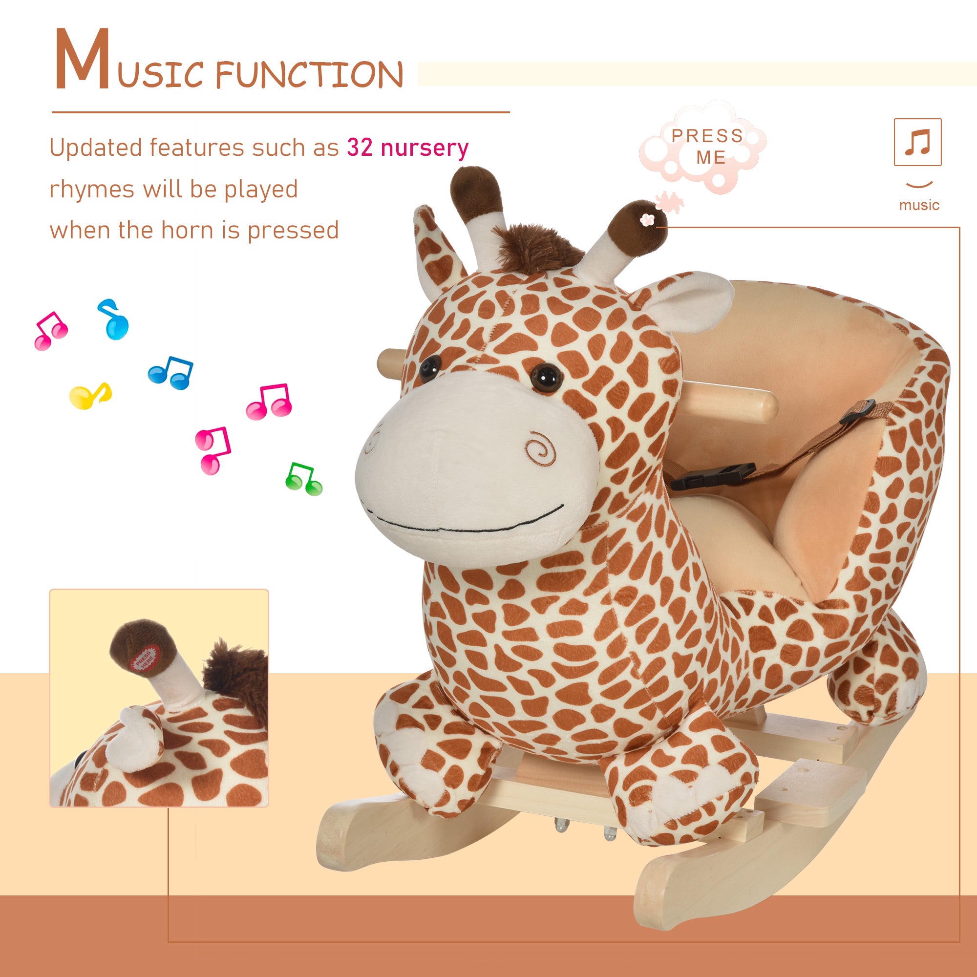 HOMCOM Children Kids Rocking Horse Toys Giraffe Seat Belt Toddlers Baby Toy Gift - North Peak Garden Furniture