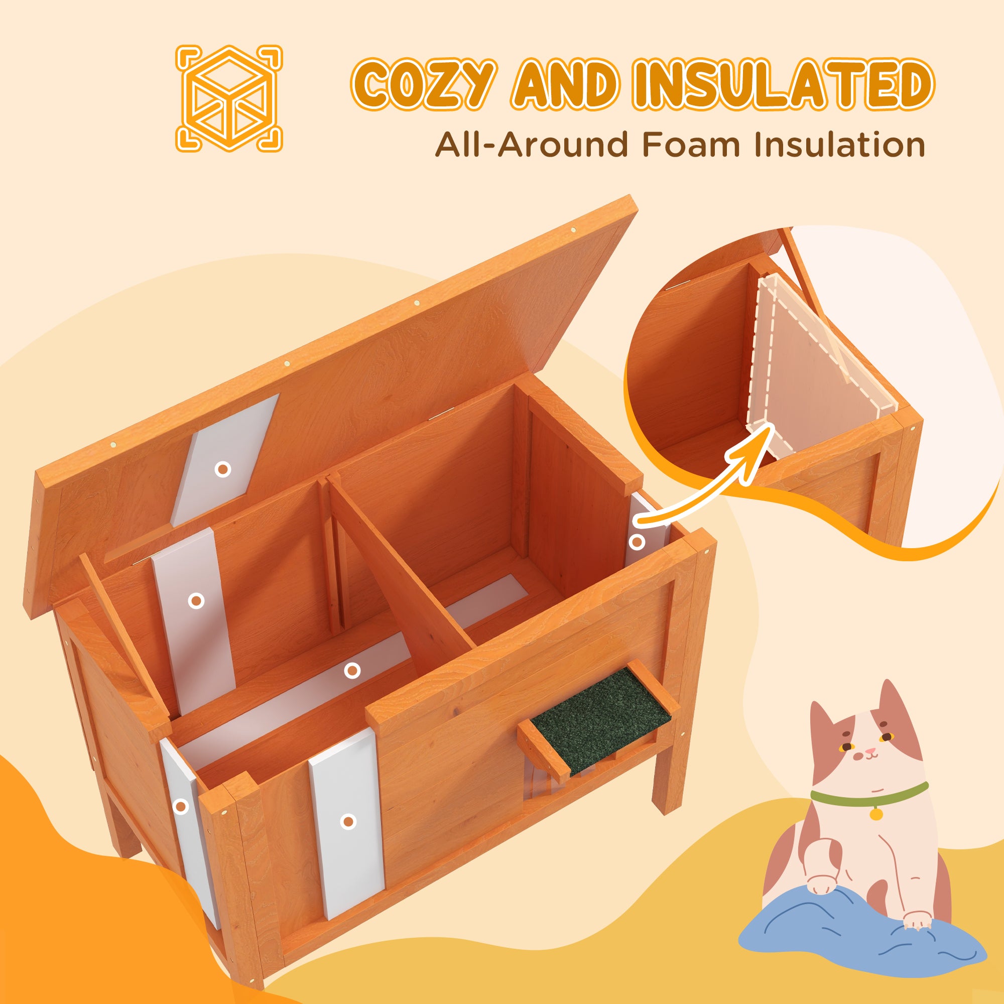 PawHut Feral Cat House, Wooden Insulated with Removable Floor, Water-Resistant Openable Roof - Orange - North Peak Garden Furniture