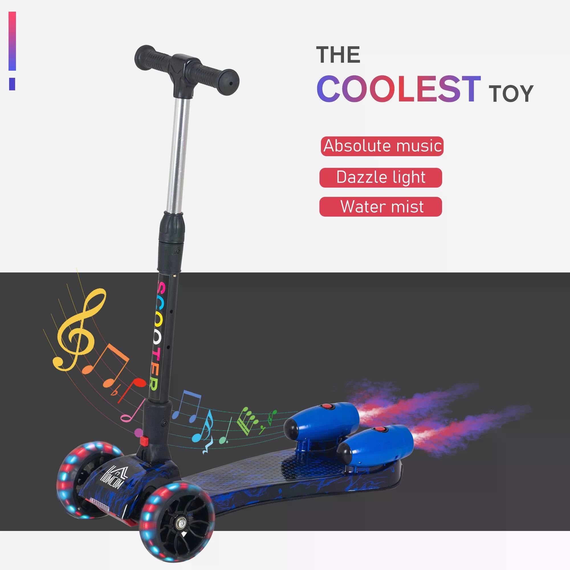 HOMCOM Scooter for Kids Toddler 3 Wheel Adjustable Height w/ Flashing Wheels Music Water Spray Foldable Kick Scooter for Boys and Girls 3 - 6 Yrs Blue