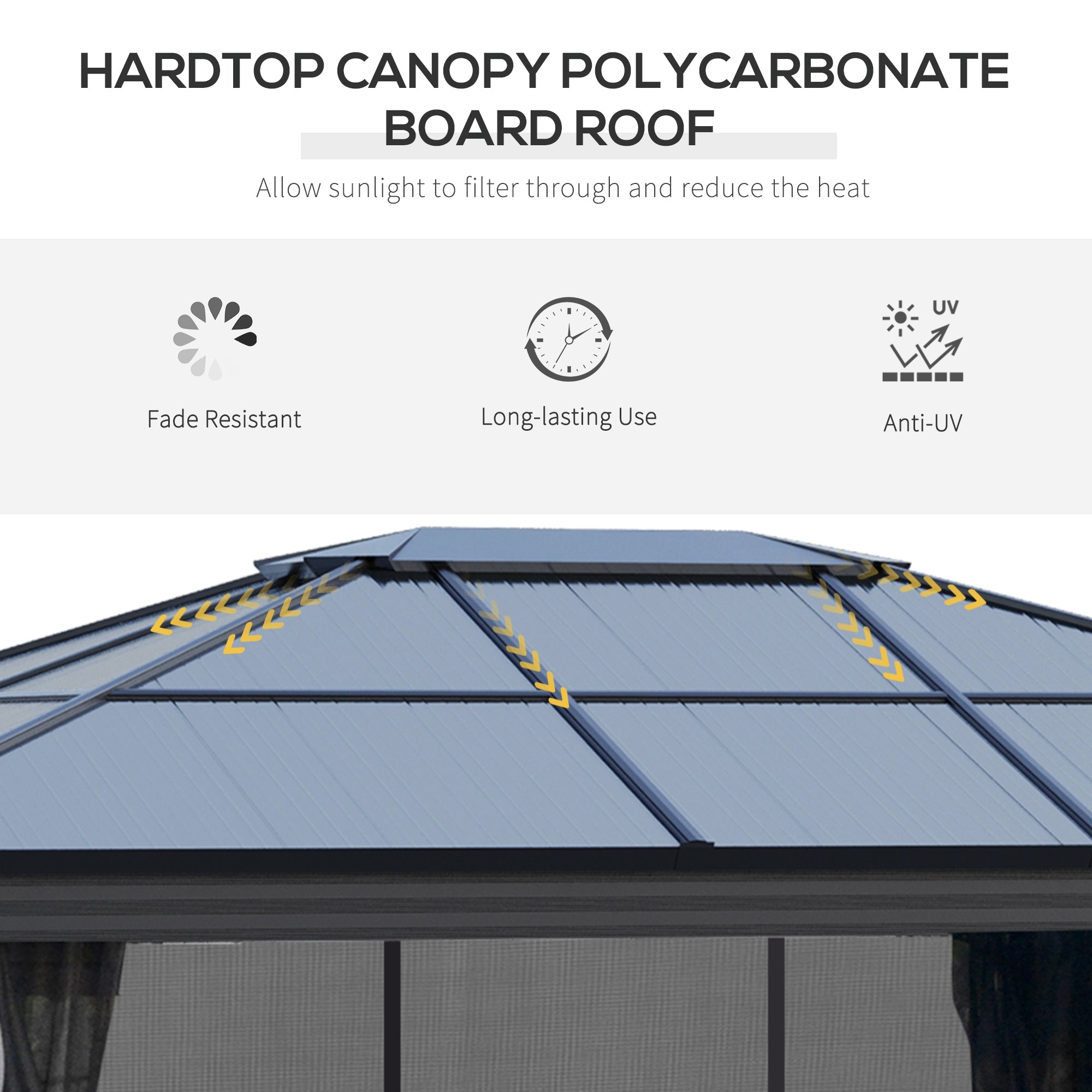 Outsunny 3.6 x 4m Hardtop Gazebo Canopy with Polycarbonate Roof, Aluminium Frame, Permanent Pavilion Garden Gazebo with Netting and Curtains for Patio, Deck, Dark Grey - North Peak Garden Furniture