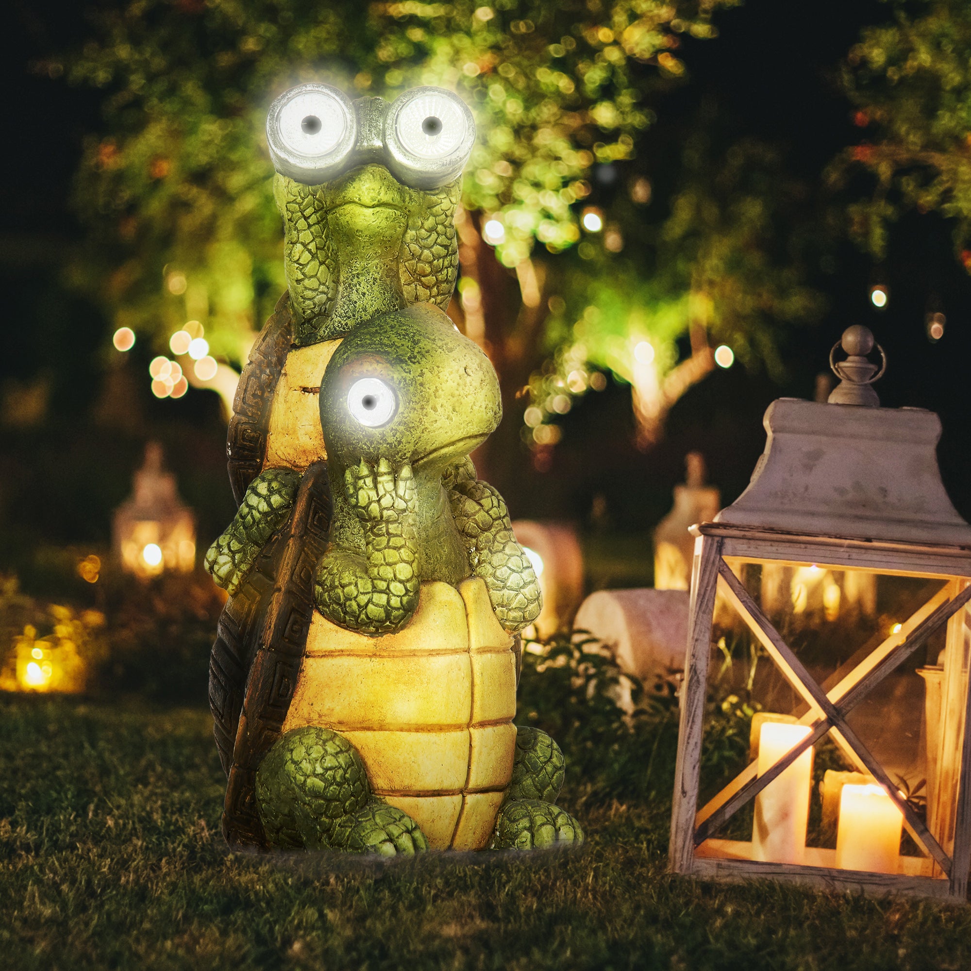 Outsunny Vivid 2 Tortoises Garden Statue with Solar LED Light, Outdoor Ornament Art Sculpture Home Decoration for Porch, Deck, Grass