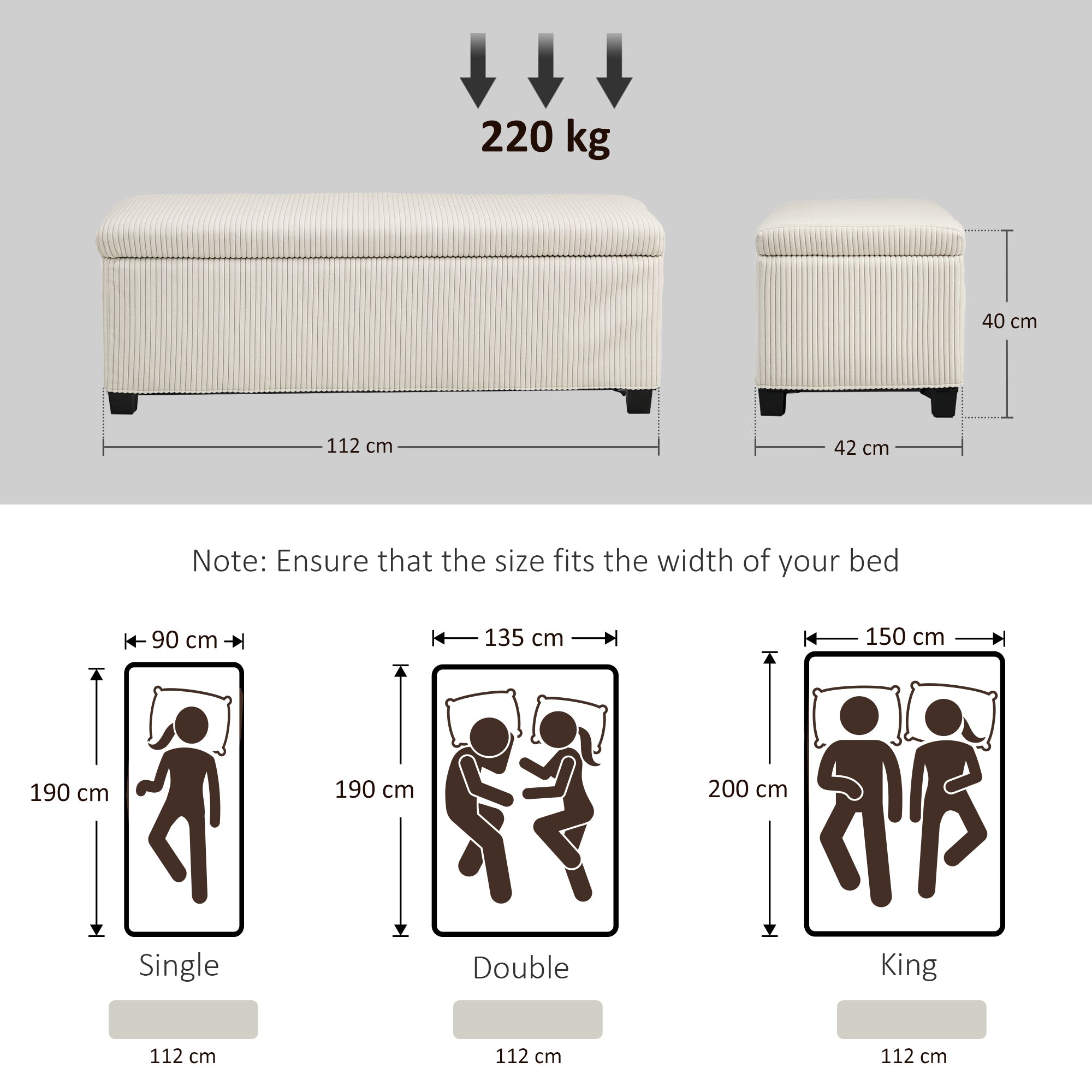 HOMCOM Storage Ottoman Bench, Corduroy Footstool with Removable Lid and Legs, 112cm Storage Chest Box for Living Room, Bedroom, Hallway, Beige - North Peak Garden Furniture