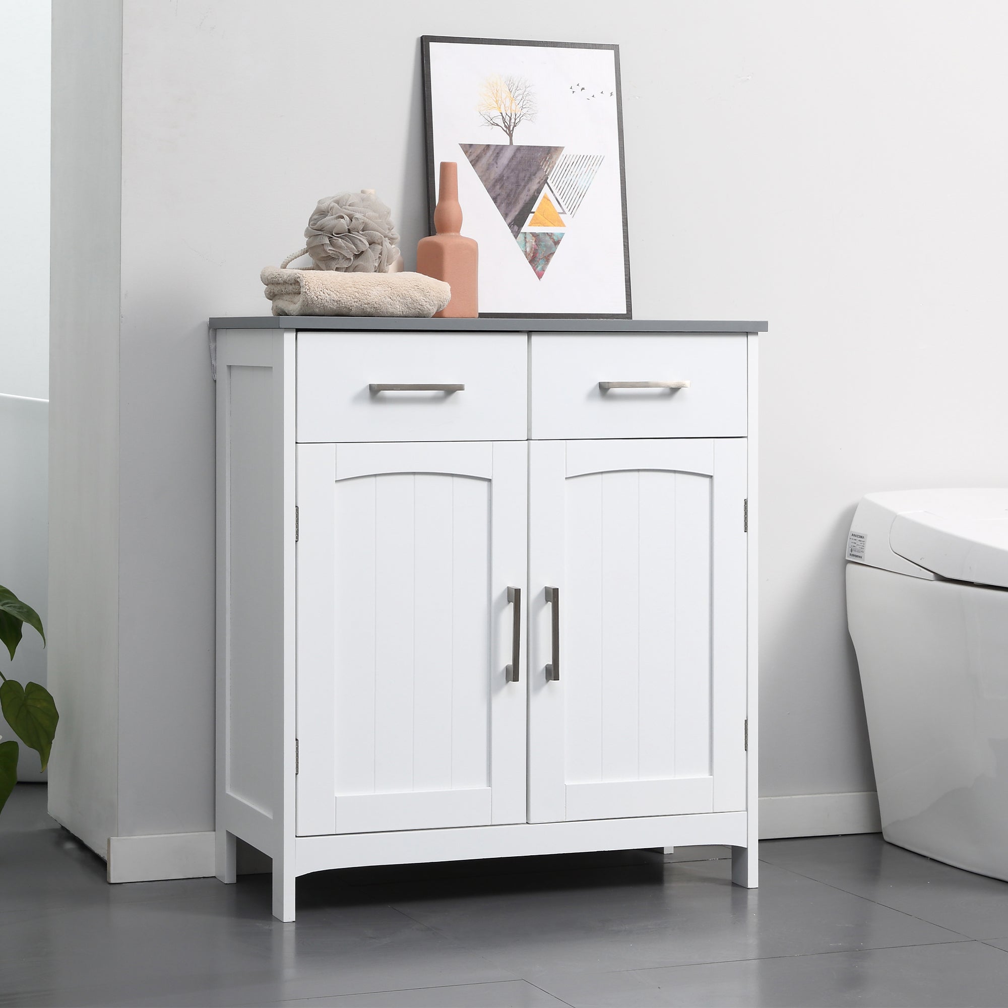 kleankin Freestanding Bathroom Cabinet, Storage Cupboard with 2 Drawers, Double Doors, Adjustable Shelf, White - North Peak Garden Furniture