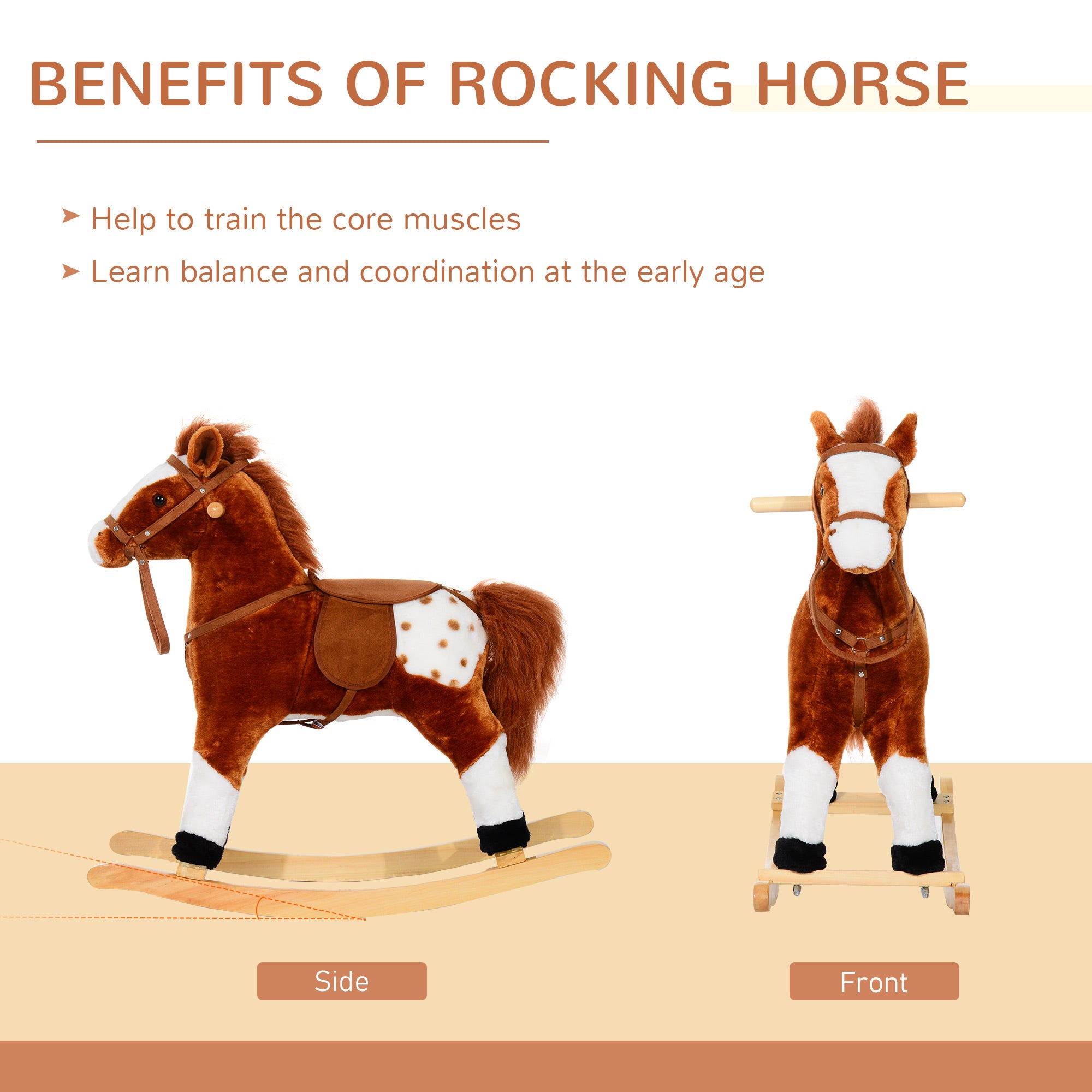 HOMCOM Baby Rocking Horse Plush Ride on Animals Rocker with Sound Handle Grip for kids 3-6 years - Brown - North Peak Garden Furniture