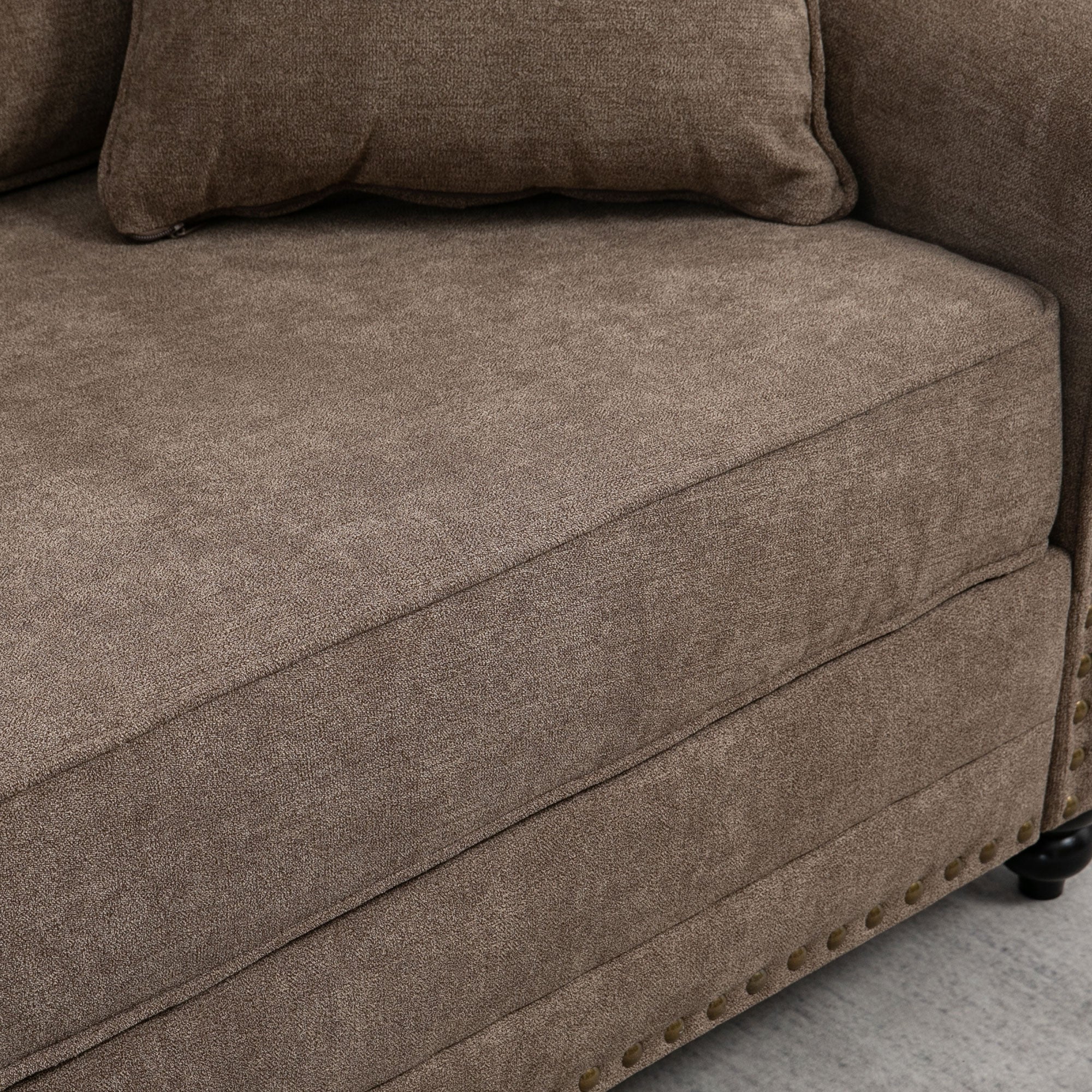 HOMCOM 3 Seater Sofas for Living Room, Fabric Sofa with Nailhead Trim, Cushions and Pillows, Brown - North Peak Garden Furniture