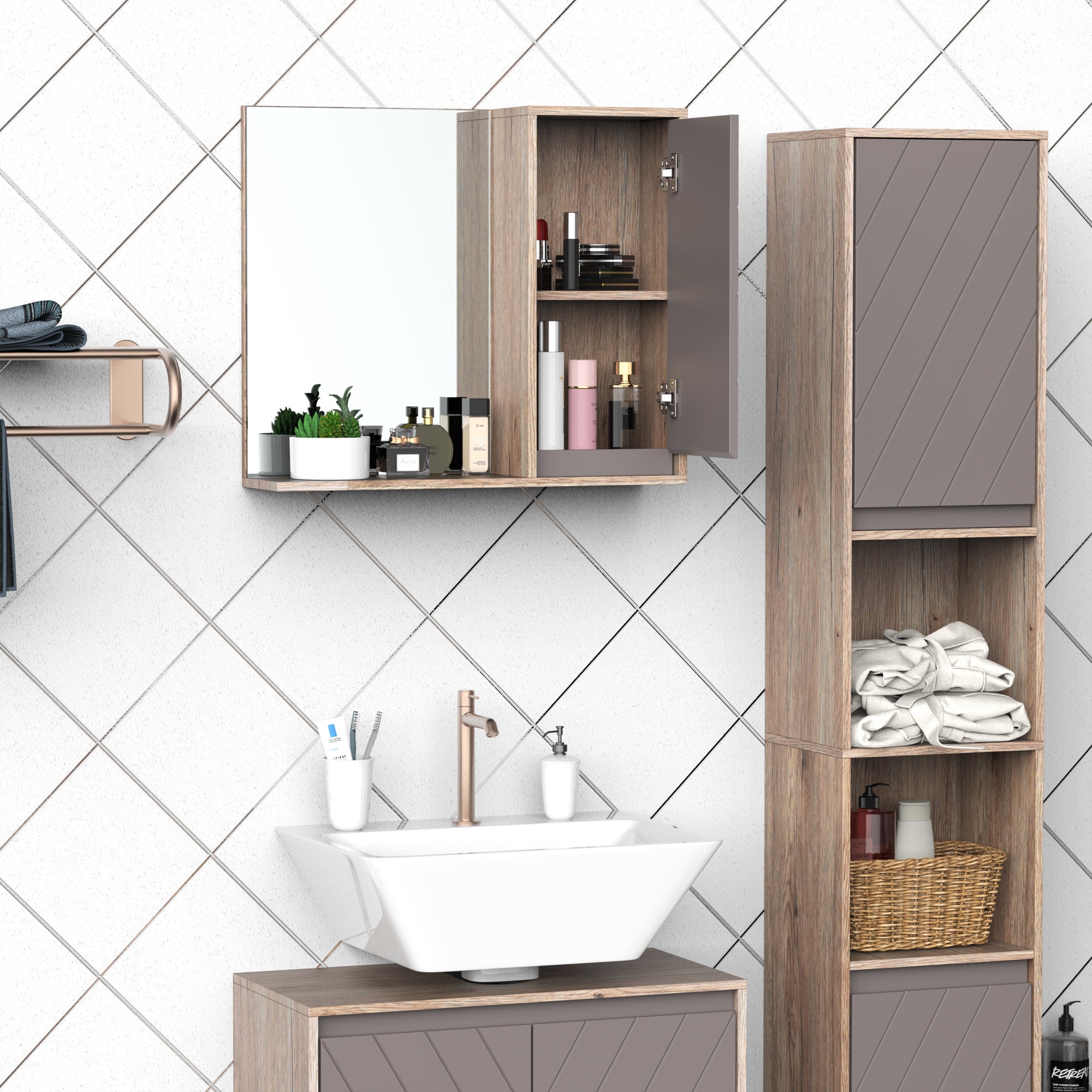 HOMCOM Bathroom Mirror Cabinet, Wall-Mounted Bathroom Cabinet with Mirror and Adjustable Inner Shelf, 57L x 14.2W x49.2H cm - North Peak Garden Furniture