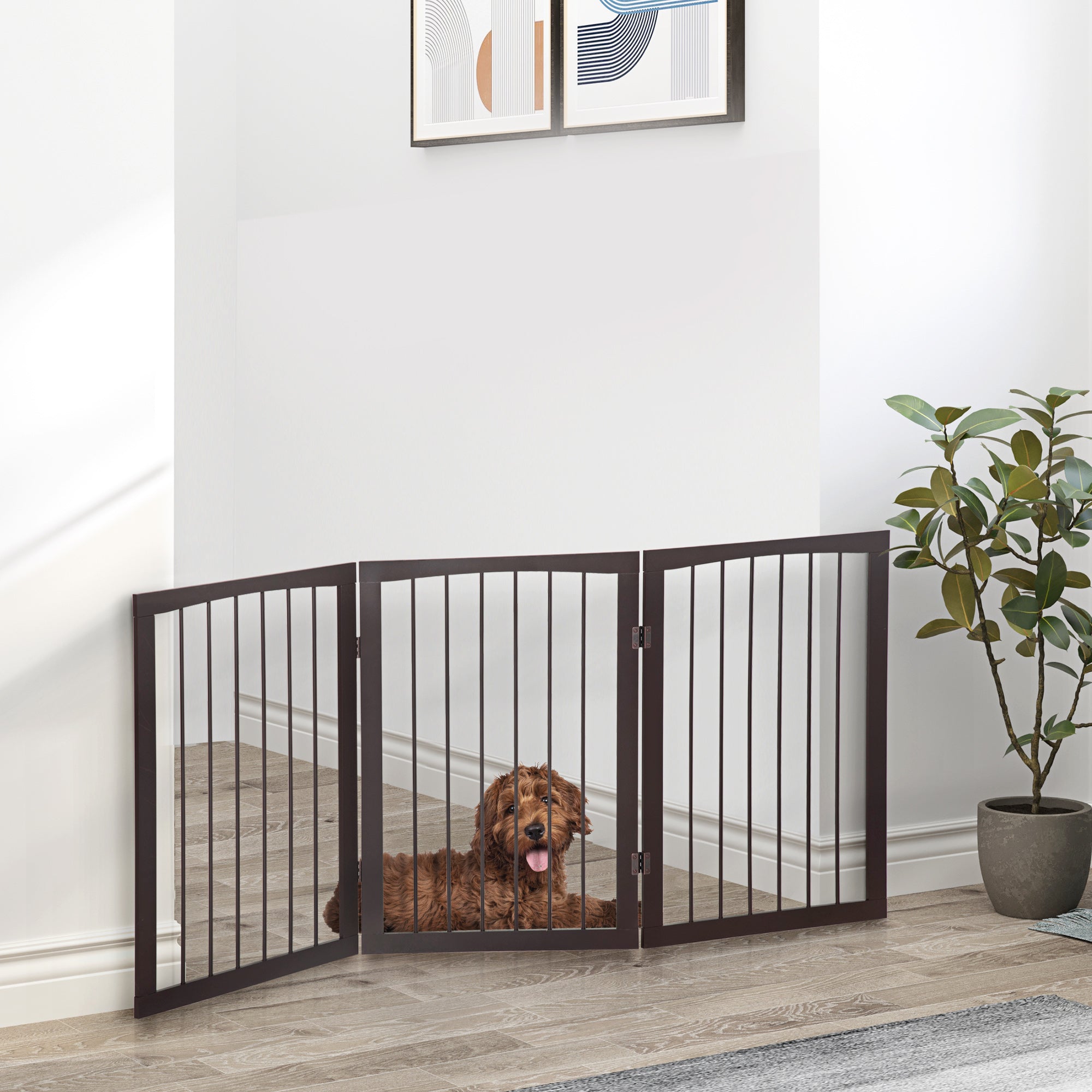 PawHut Folding 3 Panel Pet Gate Wooden Foldable Dog Fence Indoor Free Standing Safety Gate Portable Separation Pet Barrier Guard