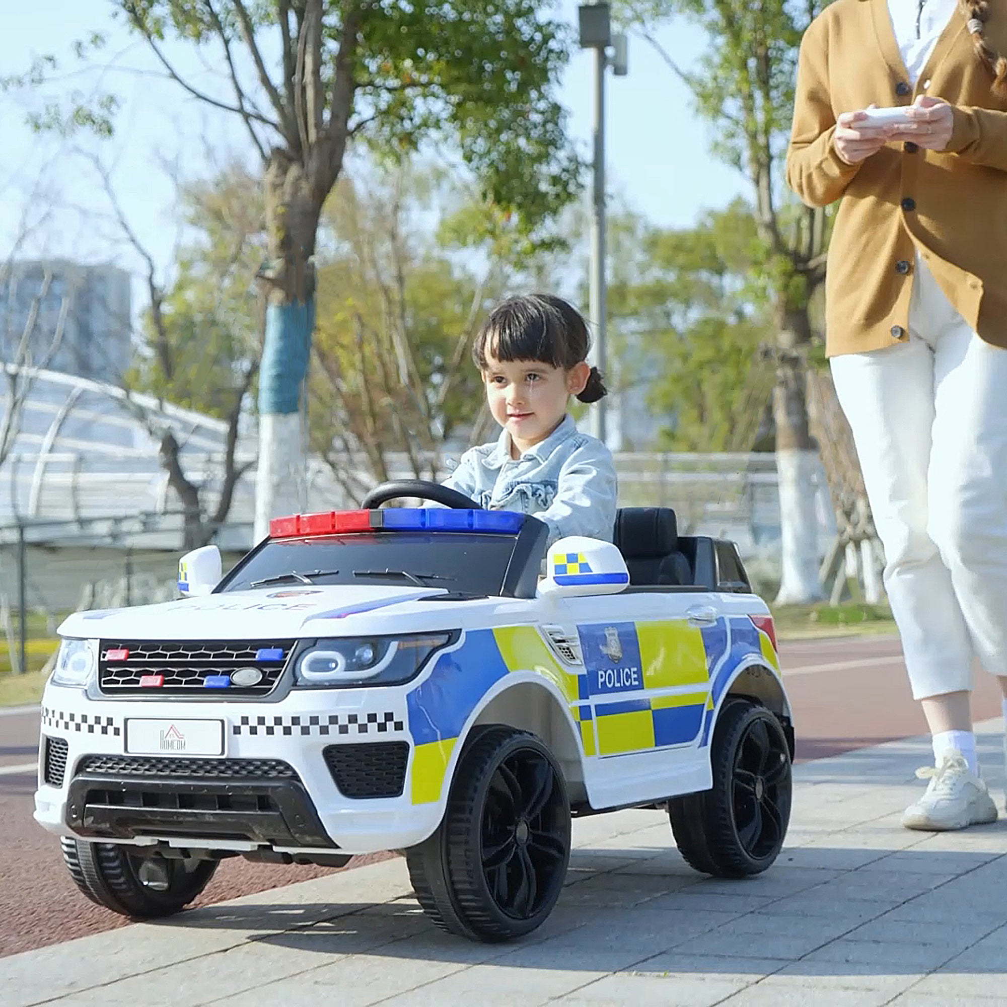 HOMCOM 12V Kids Electric Ride On Police Car 2 Motors with Parental Remote Control Siren Flashing Lights USB Portable for 3-6 Years White - North Peak Garden Furniture