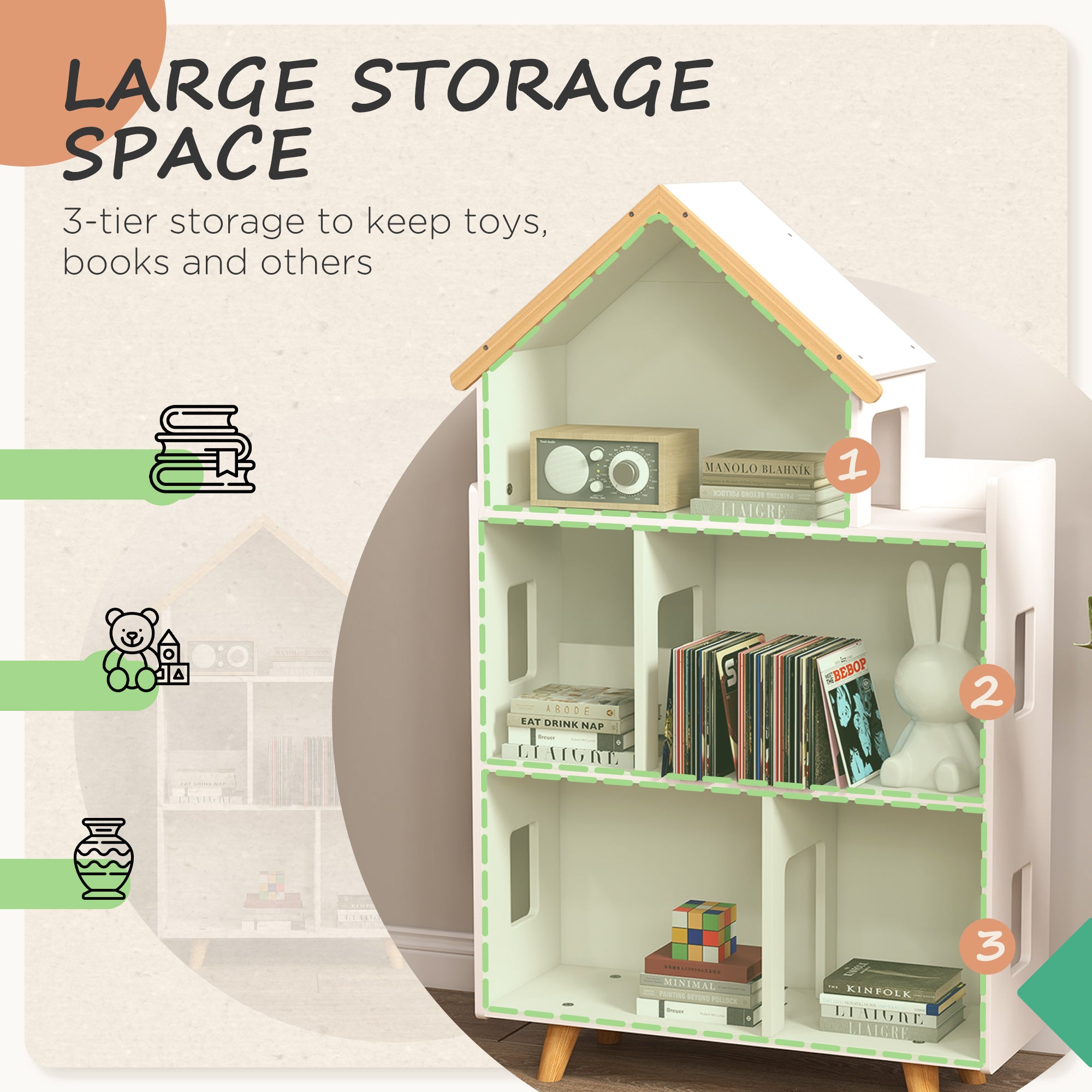 ZONEKIZ Three-Tier Toy Storage Shelf, Kids Bookcase, with Six Cubes, for Playroom, Bedroom - White - North Peak Garden Furniture