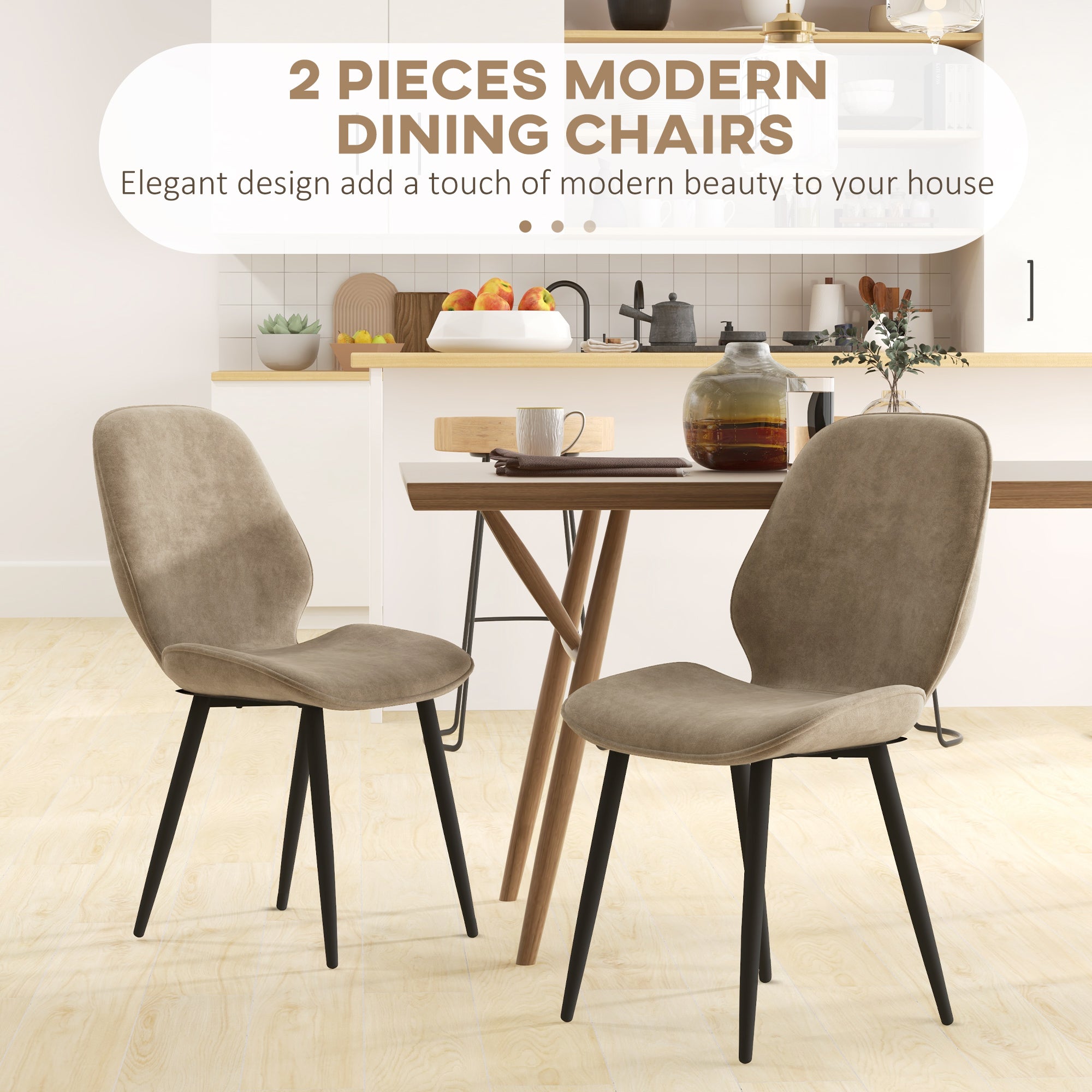 HOMCOM Velvet Dining Chairs, Set of 2 Dining Room Chairs with Metal Legs for Living Room, Dining Room, Light Brown - North Peak Garden Furniture