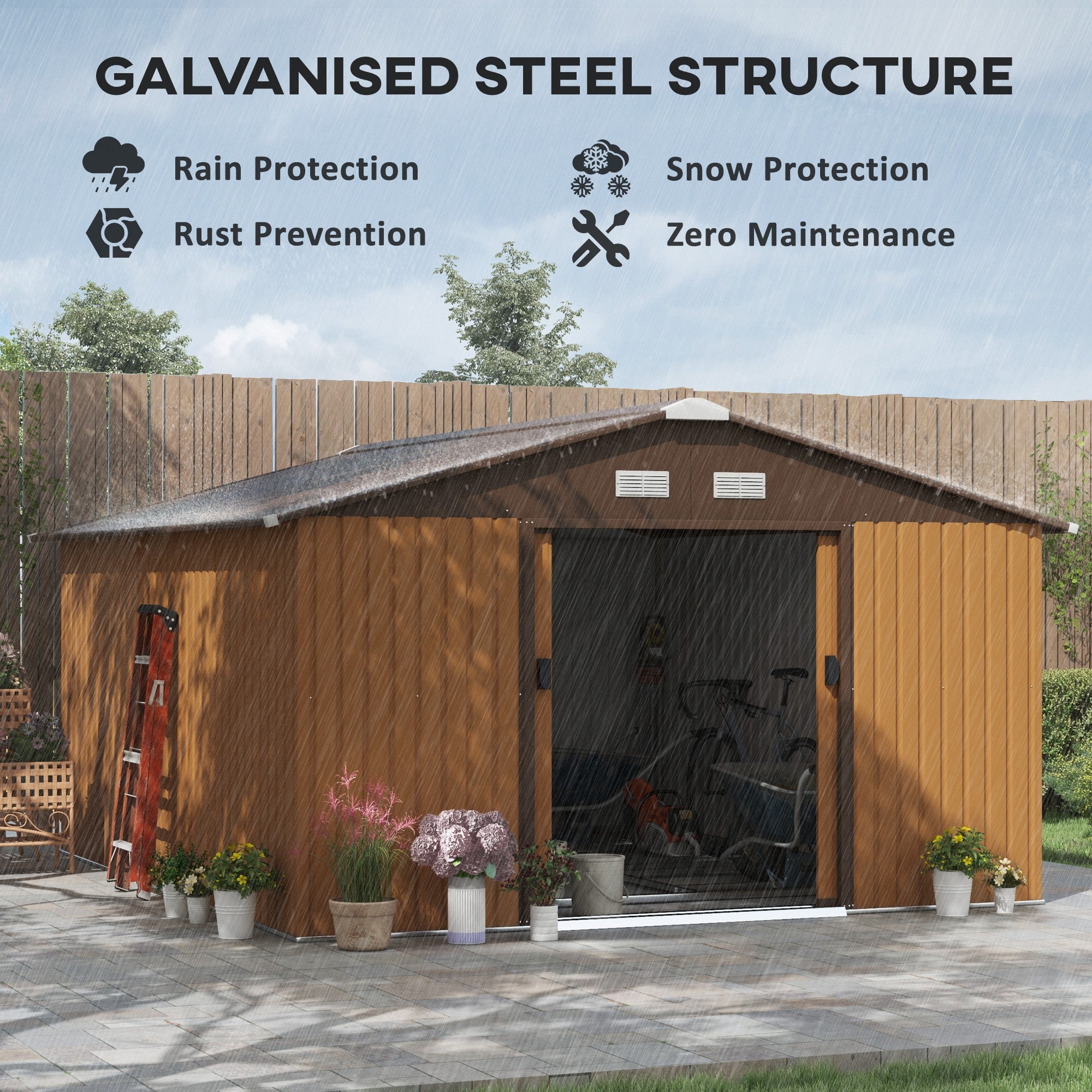 Outsunny 13 x 11ft Metal Garden Shed, Outdoor Storage Tool House with Ventilation Slots, Foundation Kit and Lockable Double Doors, Yellow - North Peak Garden Furniture