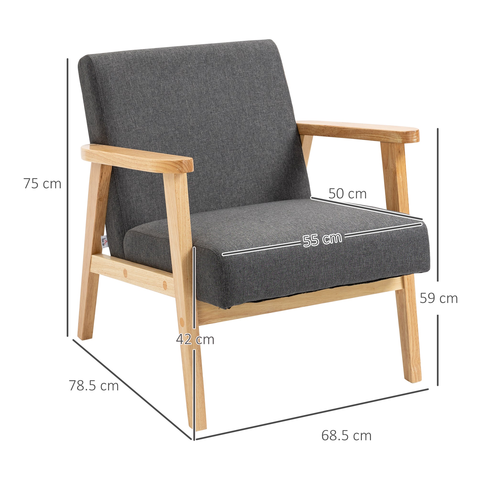 HOMCOM Fabric Accent Chair for Living Room, Arm Chair with Rubber Wood Frame and Padded Cushion, Dark Grey - North Peak Garden Furniture