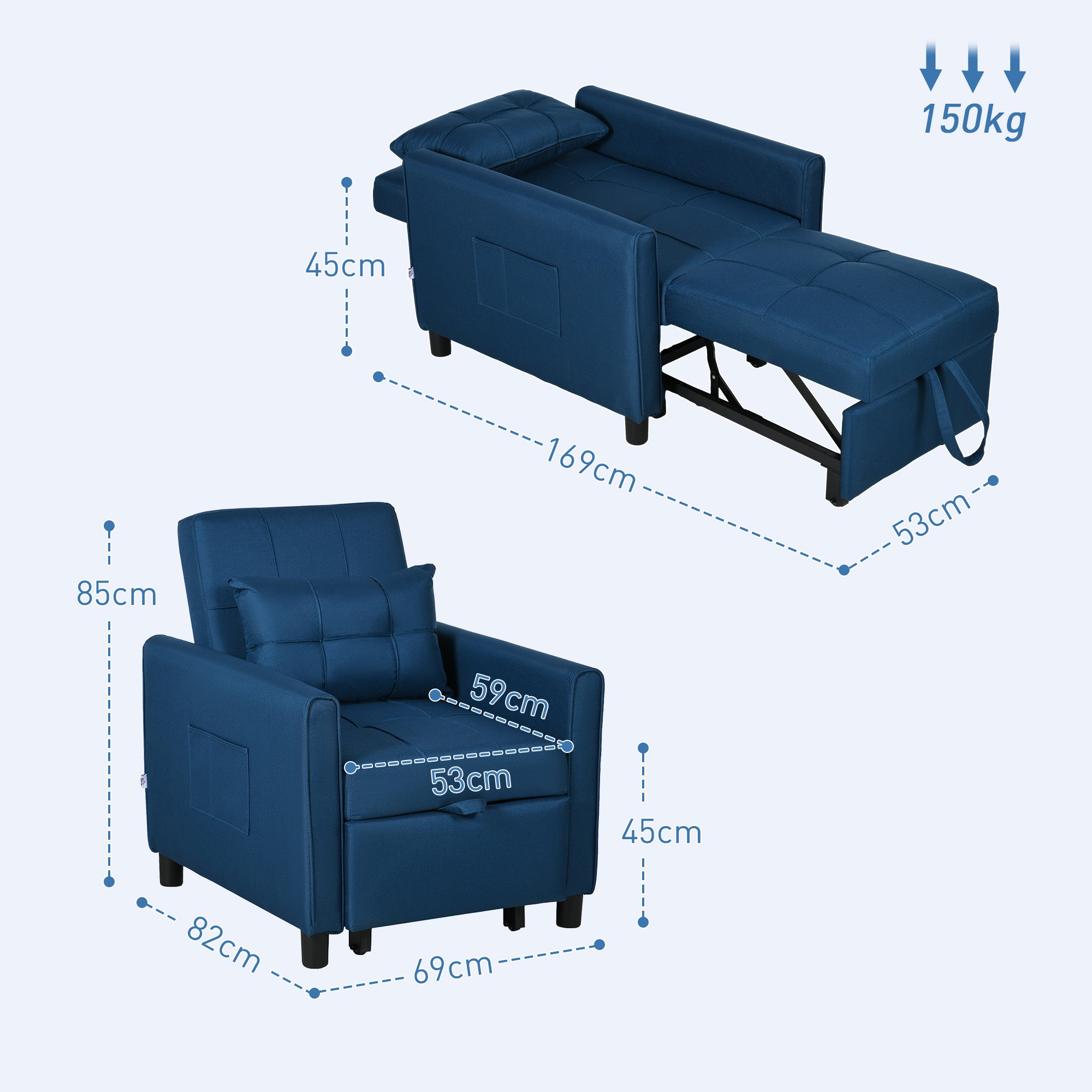HOMCOM 3-In-1 Convertible Chair Bed, Pull Out Sleeper Chair with Adjustable Backrest, Side Pockets, Blue - North Peak Garden Furniture