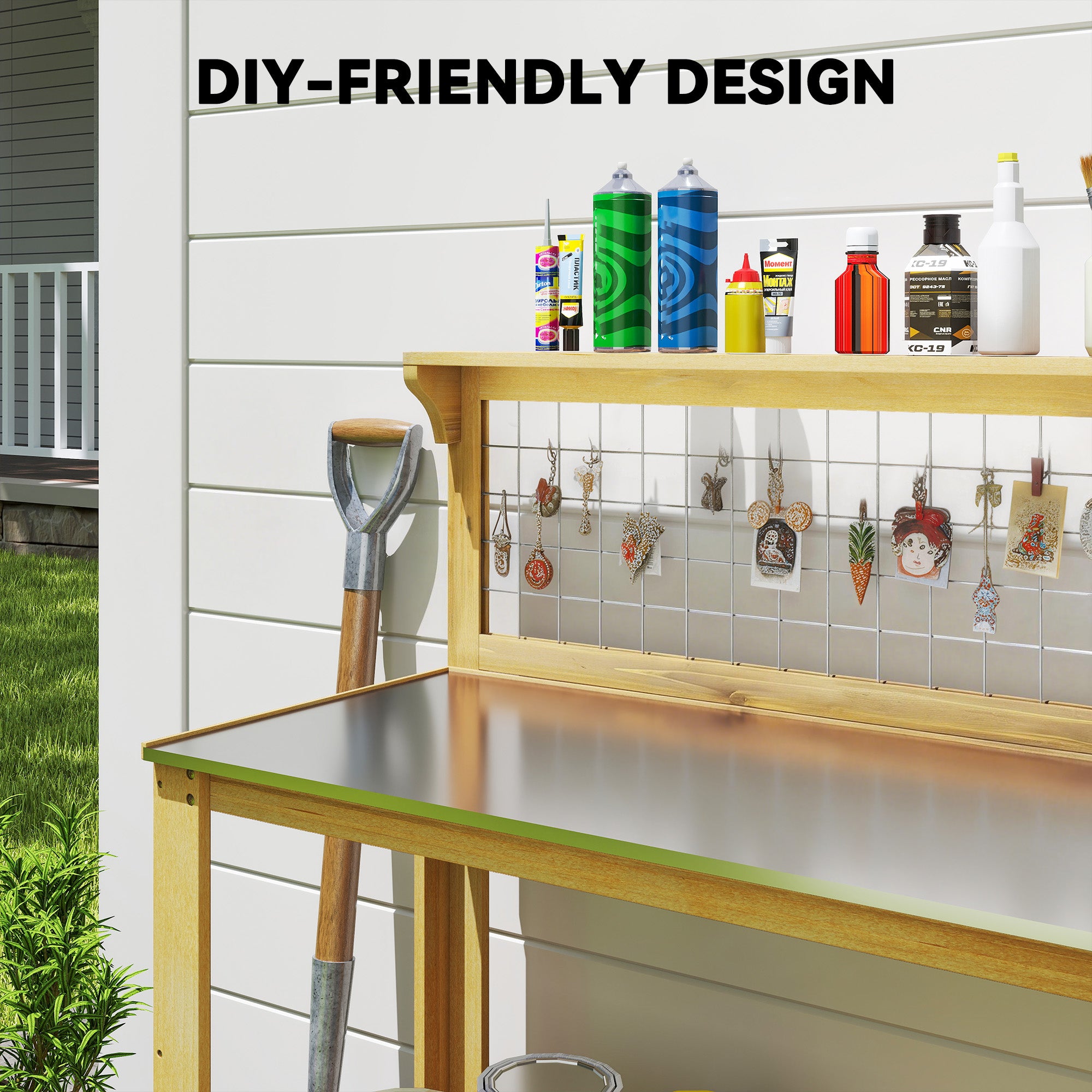 Outsunny Wooden Potting Bench Table with Aluminium Worktop, Outdoor Garden Workbench with 2 Shelves