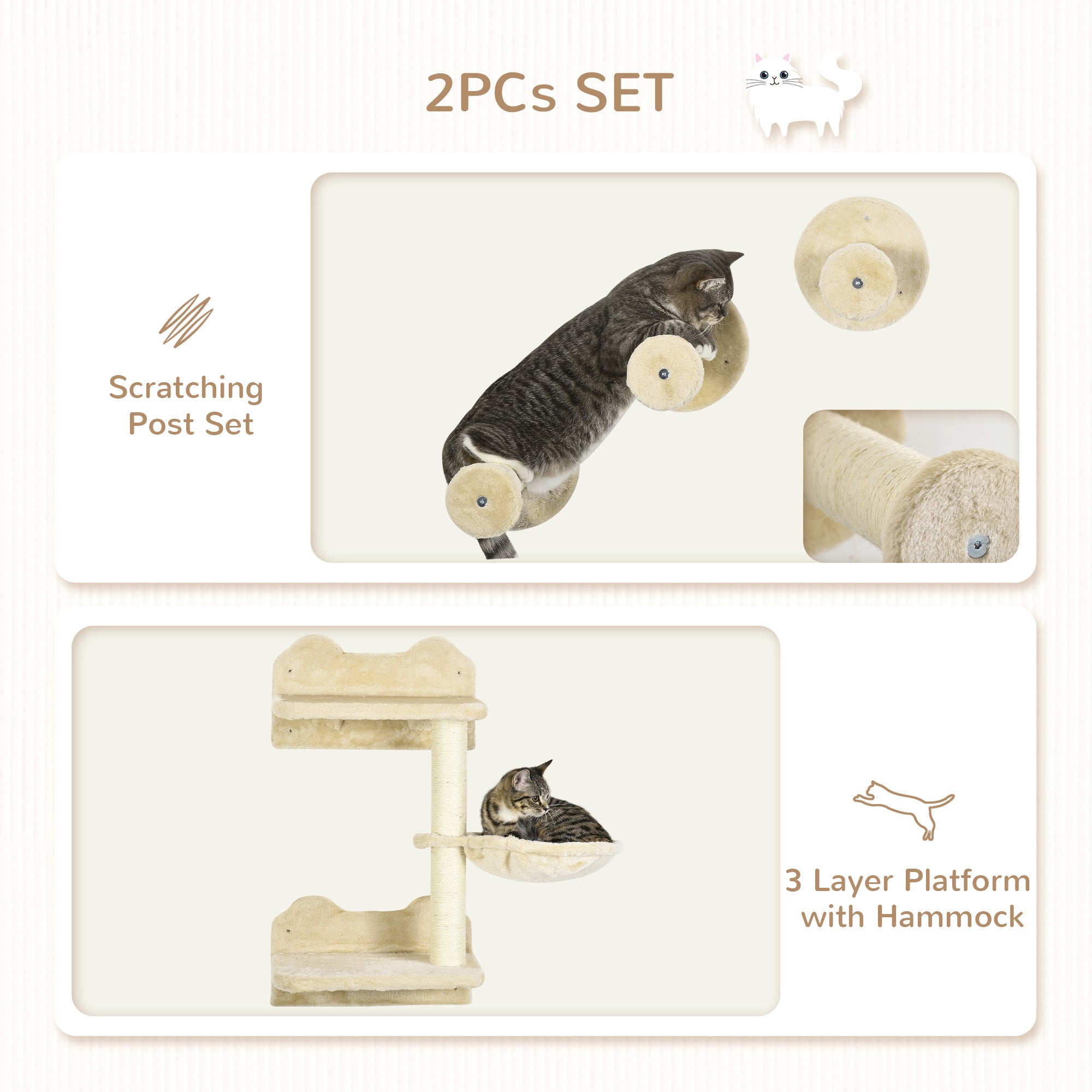 PawHut 4 Piece Cat Shelf with Scratching Post, Wall-Mounted Cat Tree for Indoor Cat - Beige - North Peak Garden Furniture