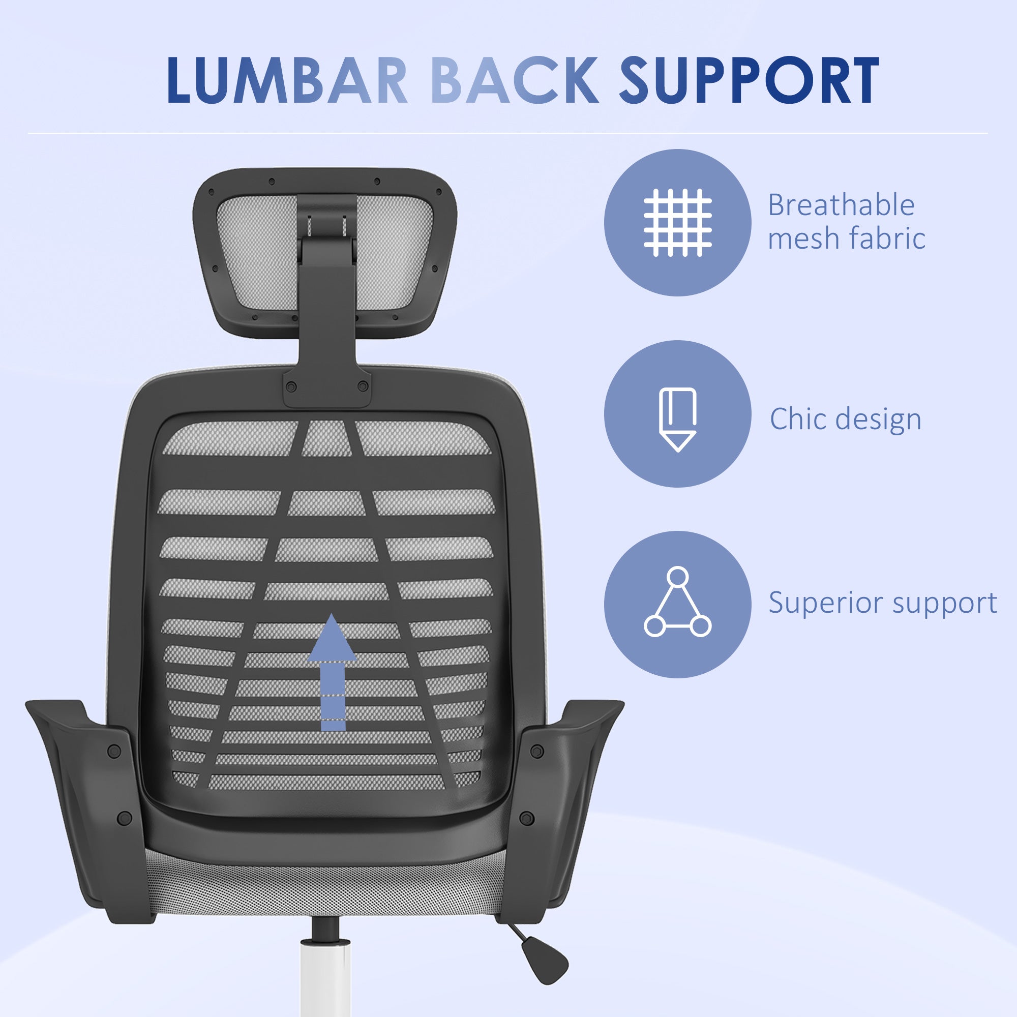 Vinsetto Ergonomic Office Chair, Mesh Desk Chair with Rotatable Headrest, Lumbar Back Support, Armrest, Grey - North Peak Garden Furniture