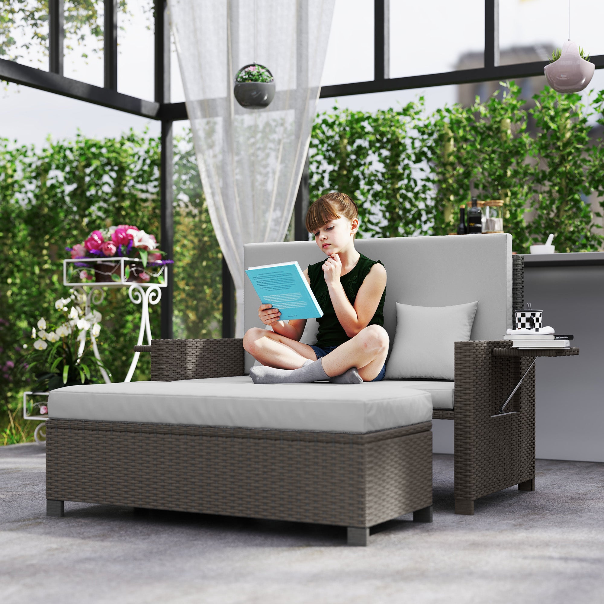 Outsunny Rattan Day Bed, with Footstool - Light Grey - North Peak Garden Furniture