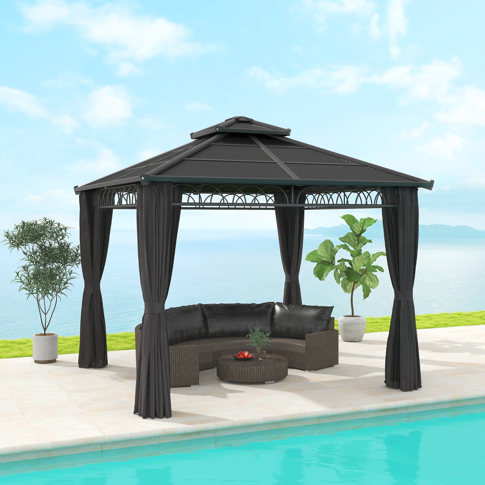 Outsunny 3 x 3 (m) Outdoor Polycarbonate Gazebo, Double Roof Hard Top Gazebo with Galvanised Steel Frame, Nettings & Curtains for Garden, Lawn, Patio and Deck, Dark Grey