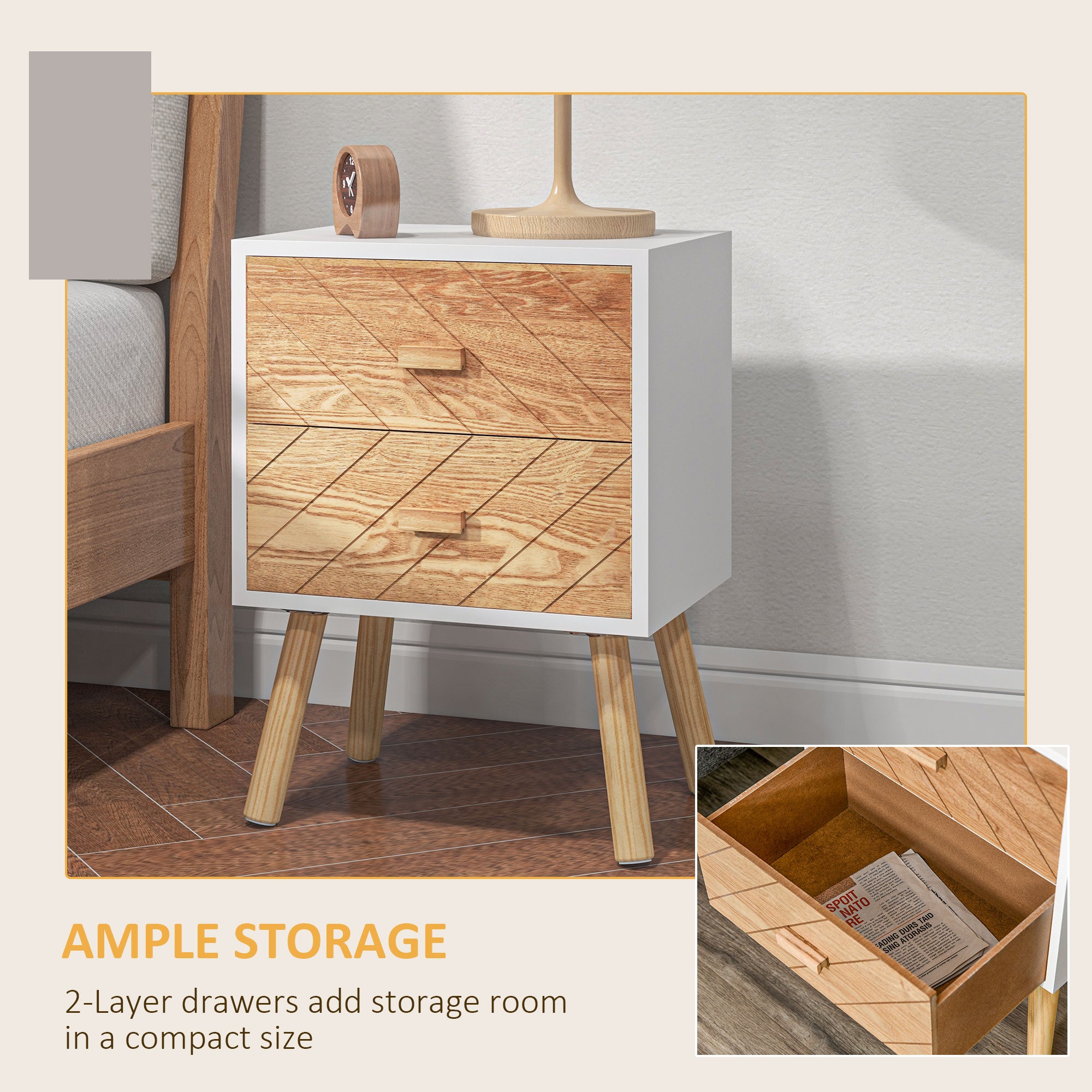 HOMCOM 2 Drawers Bedside Table with Pine Legs, Bedroom Wooden Storage Cabinet, Set of 2, Natural - North Peak Garden Furniture