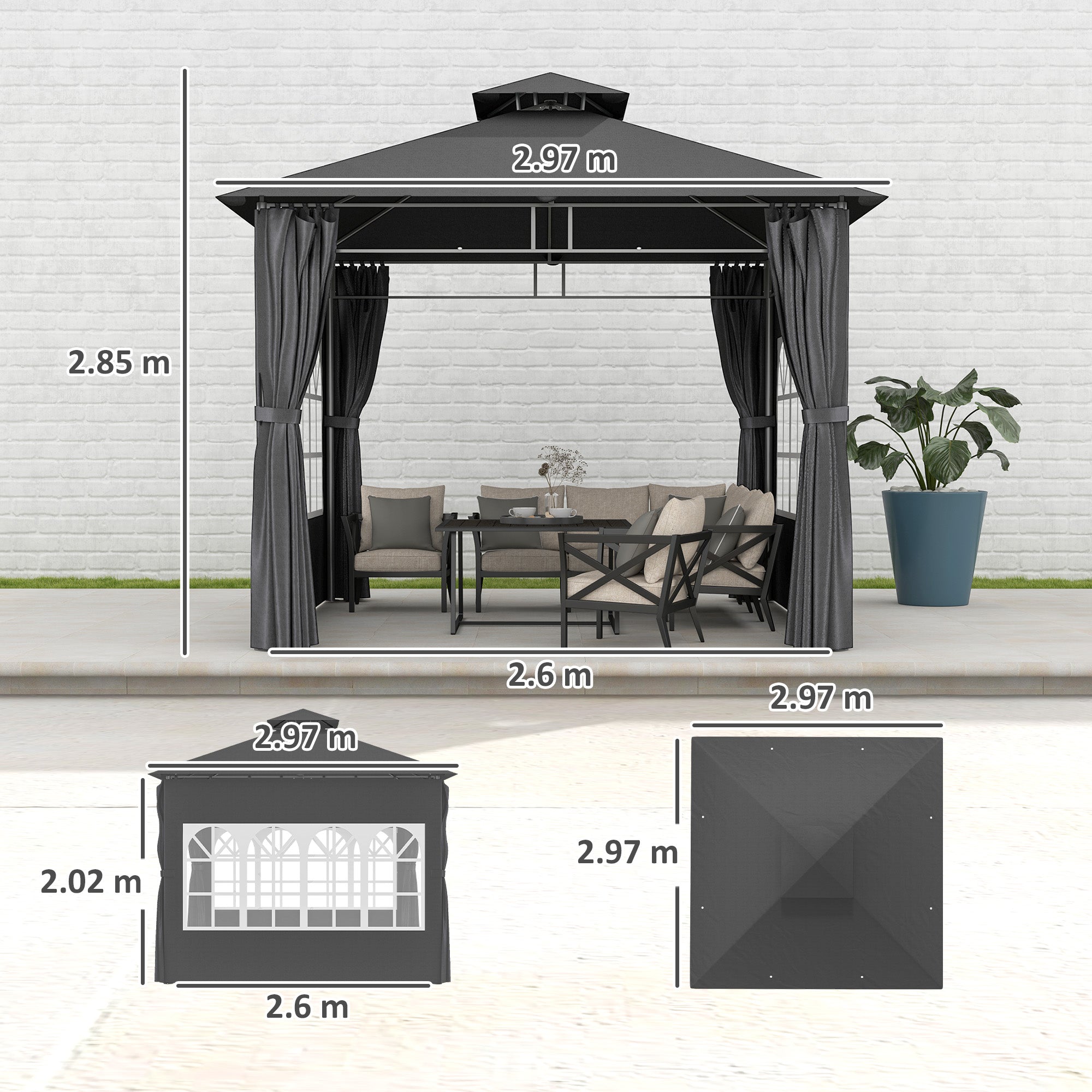 Outsunny 3 x 3 m Garden Gazebo, Double Roof Metal Gazebo with Removable Sidewalls and Church Windows, Outdoor Canopy Shelter, Dark Grey - North Peak Garden Furniture
