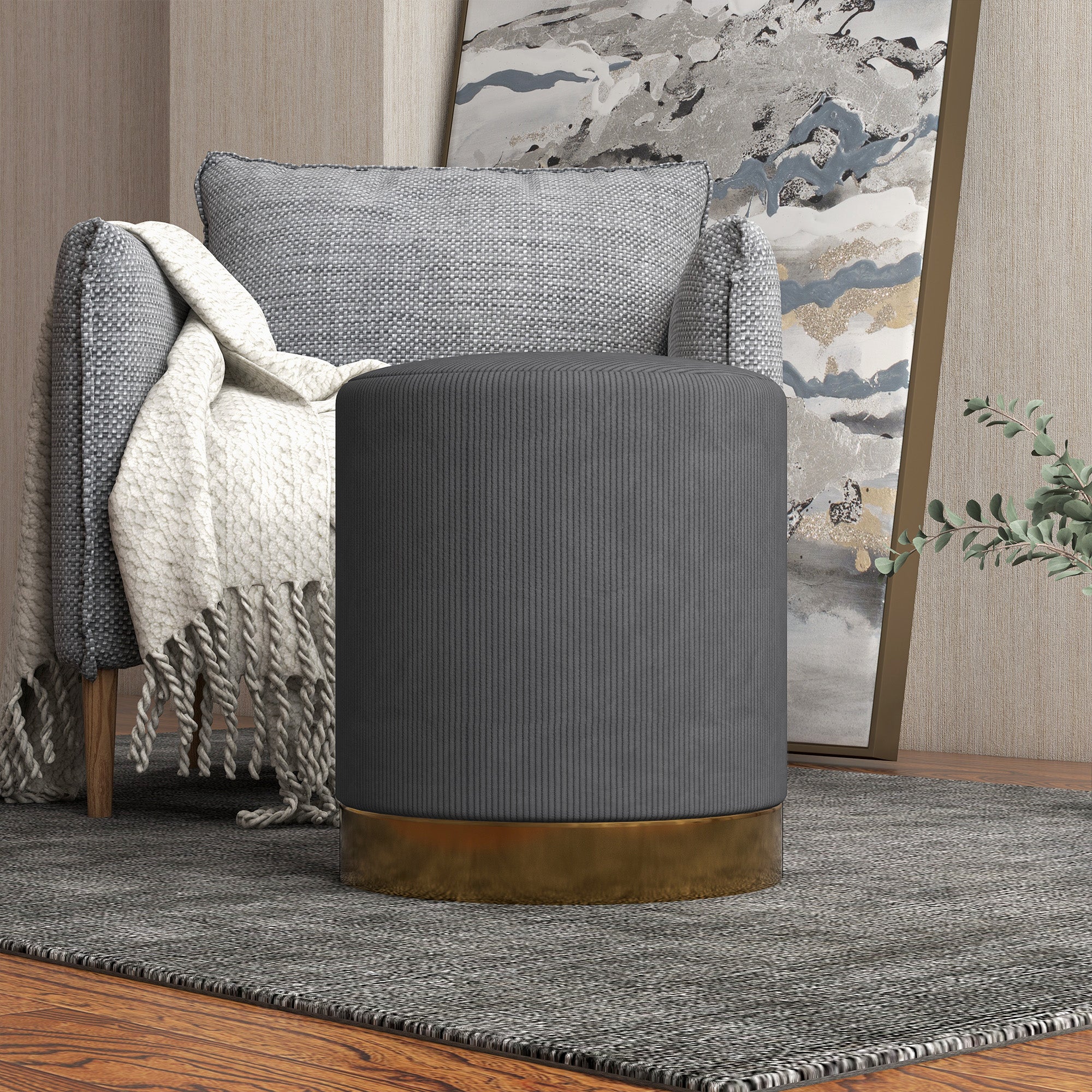 HOMCOM Soft Padded Corduroy Footstool - Charcoal Grey - North Peak Garden Furniture