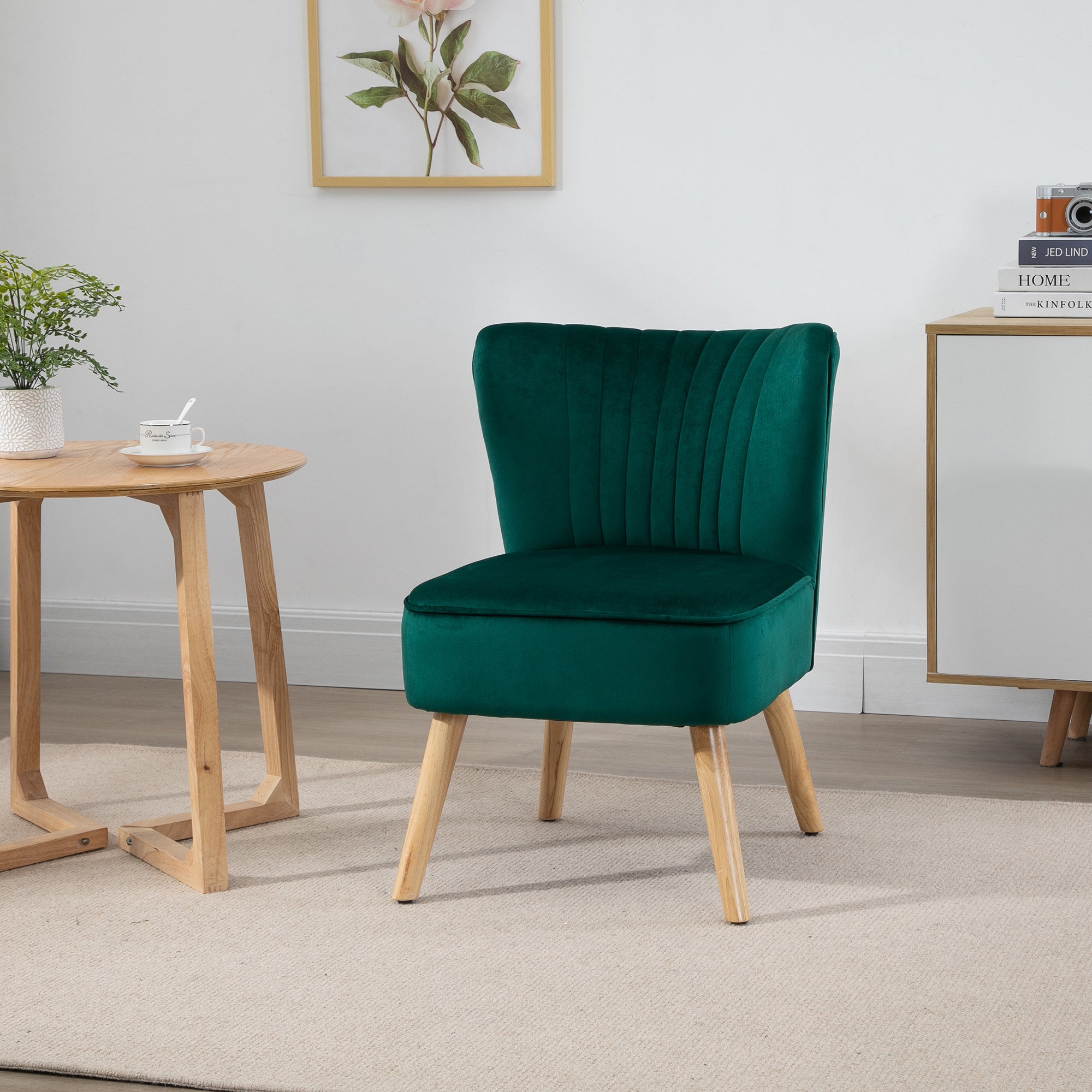 HOMCOM Modern Accent Chair, Fabric Living Room Chair with Rubber Wood Legs and Thick Padding, Green - North Peak Garden Furniture