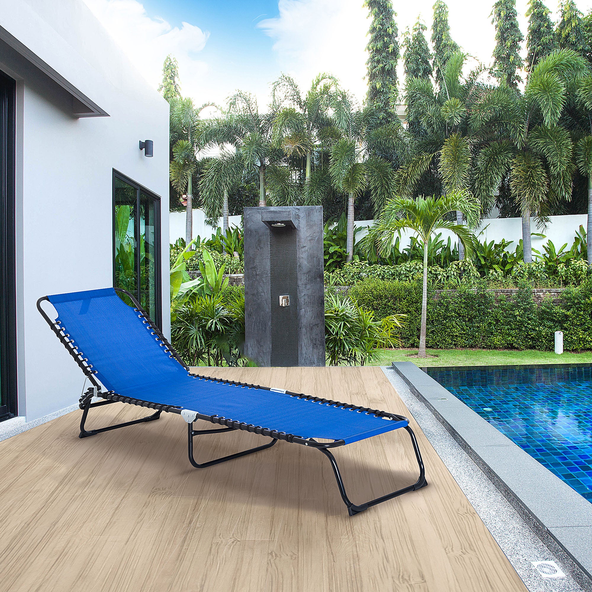 Outsunny Foldable Sun Lounger, Outdoor 4 Level Adjustable Backrest Reclining Chaise Chair, Steel Frame Recliner Chair for Camping, Hiking, Navy Blue - North Peak Garden Furniture