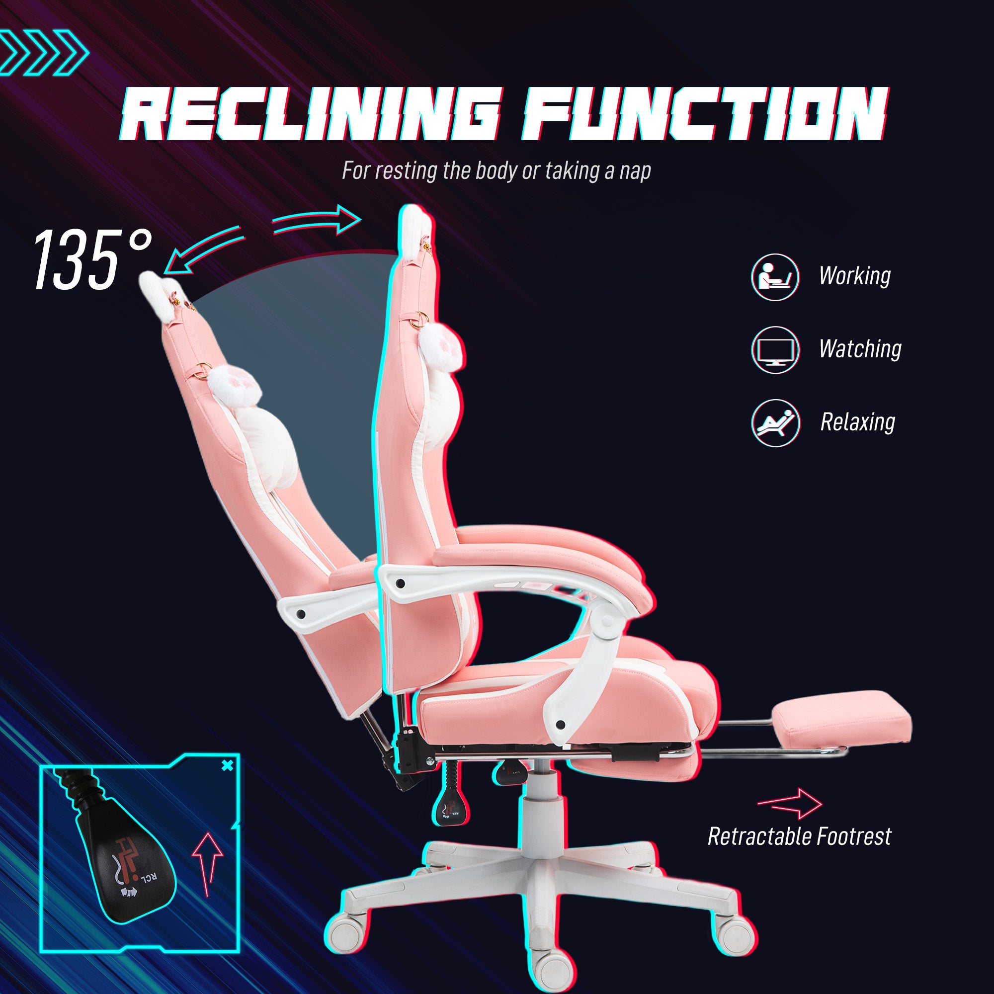 HOMCOM Cat Ear and Paw Reclining Office Chair, with Footrest - Pink/White - North Peak Garden Furniture