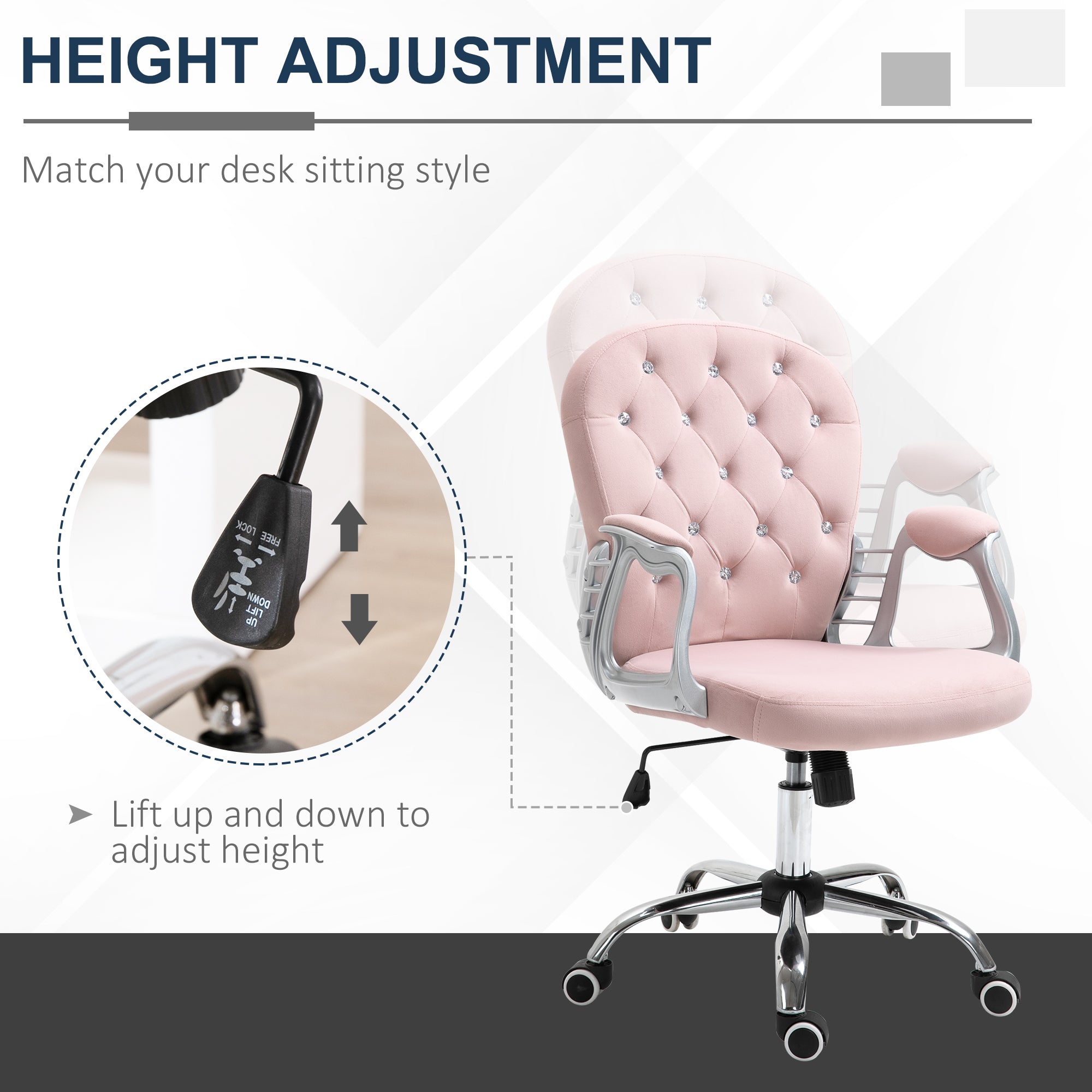 Vinsetto Office Chair, Swivel Desk Chair, Velvet Vanity Chair with Adjustable Height and Rolling Wheels for Home Work Study, Pink - North Peak Garden Furniture