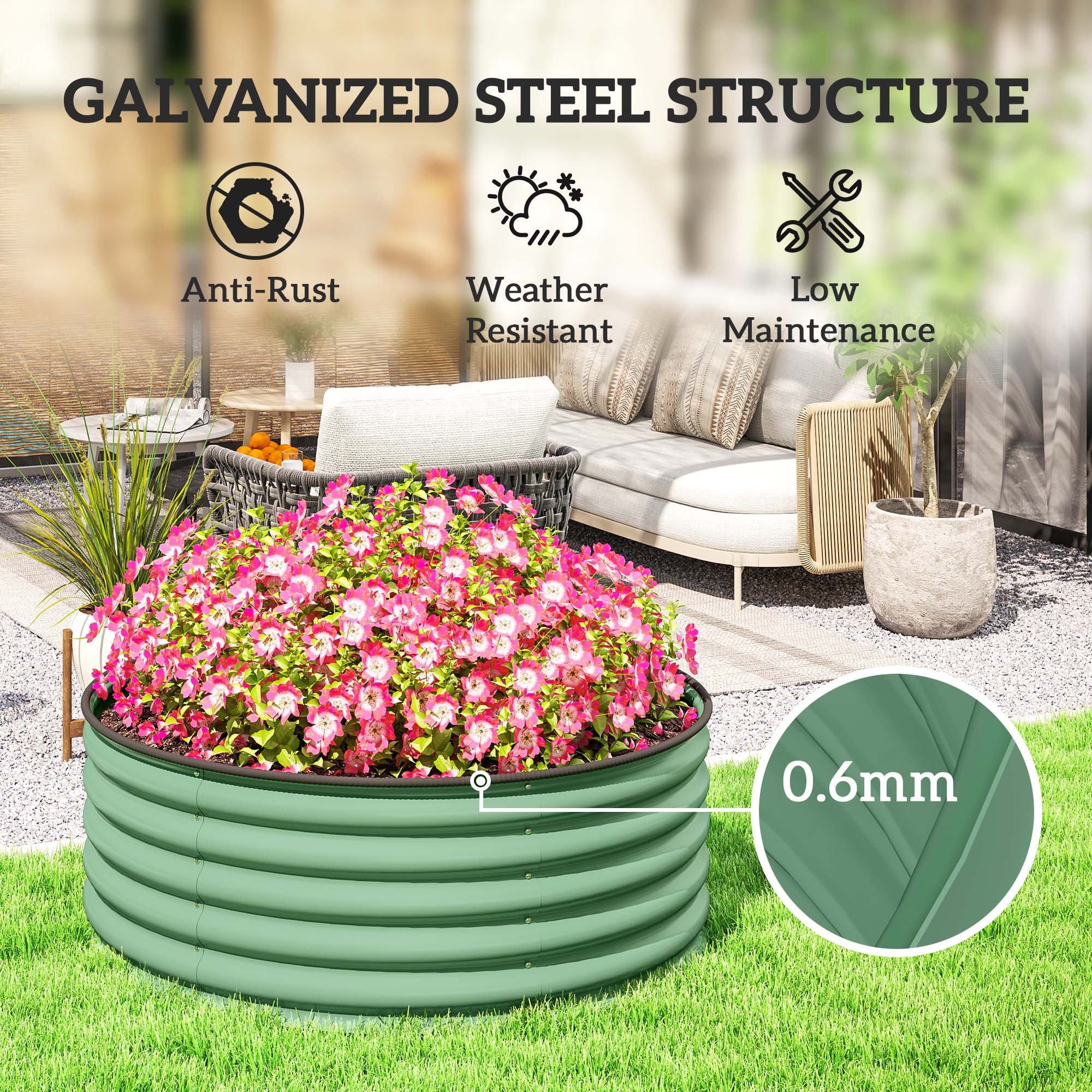 Outsunny Galvanised Raised Garden Bed with Safety Edging, Outdoor Raised Planter Box with Gloves, 120 x 120 x 43cm, Light Green - North Peak Garden Furniture