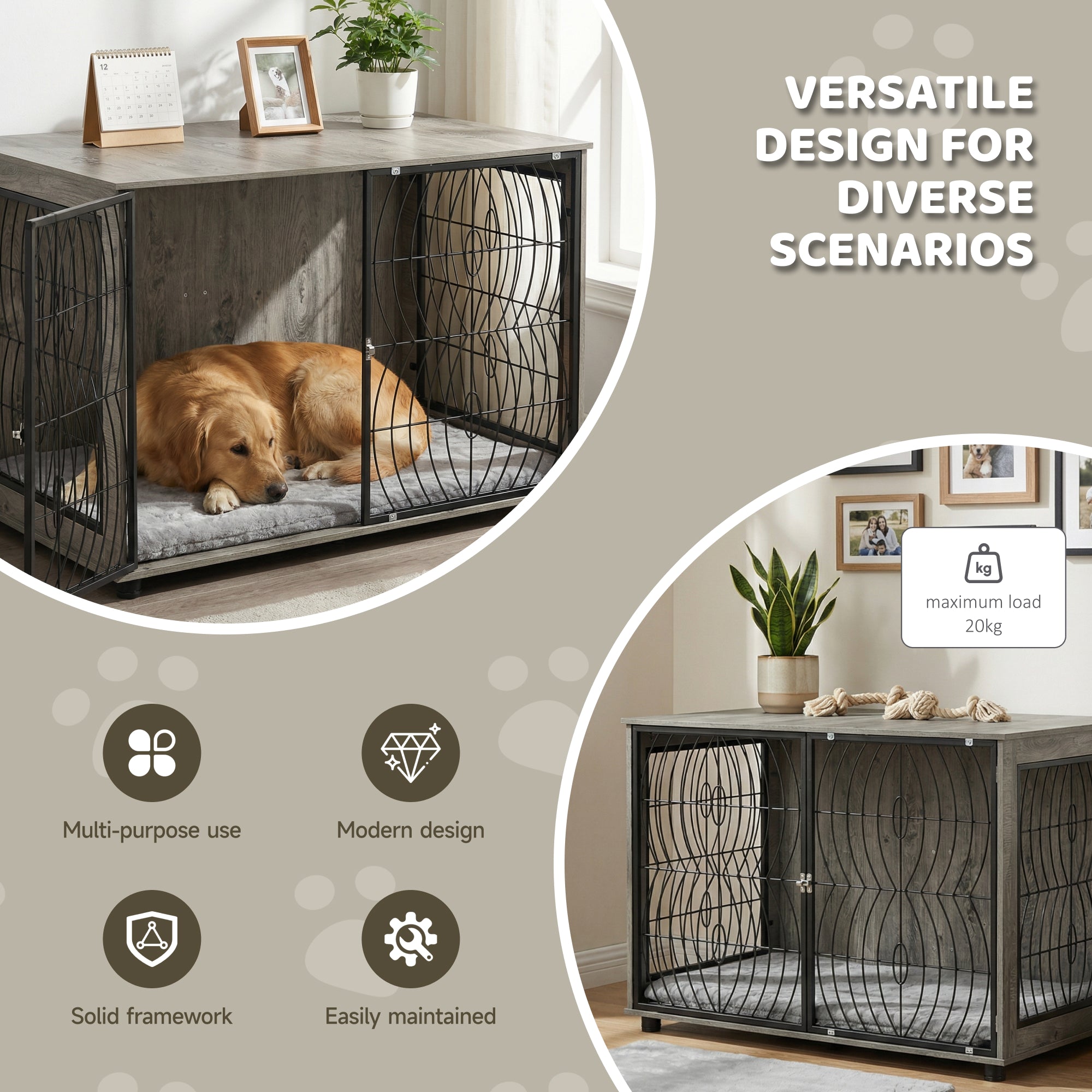 PawHut Dog Crate Furniture End Table w/ Plush Washable Cushion, Lockable Door, for Extra Large Dogs