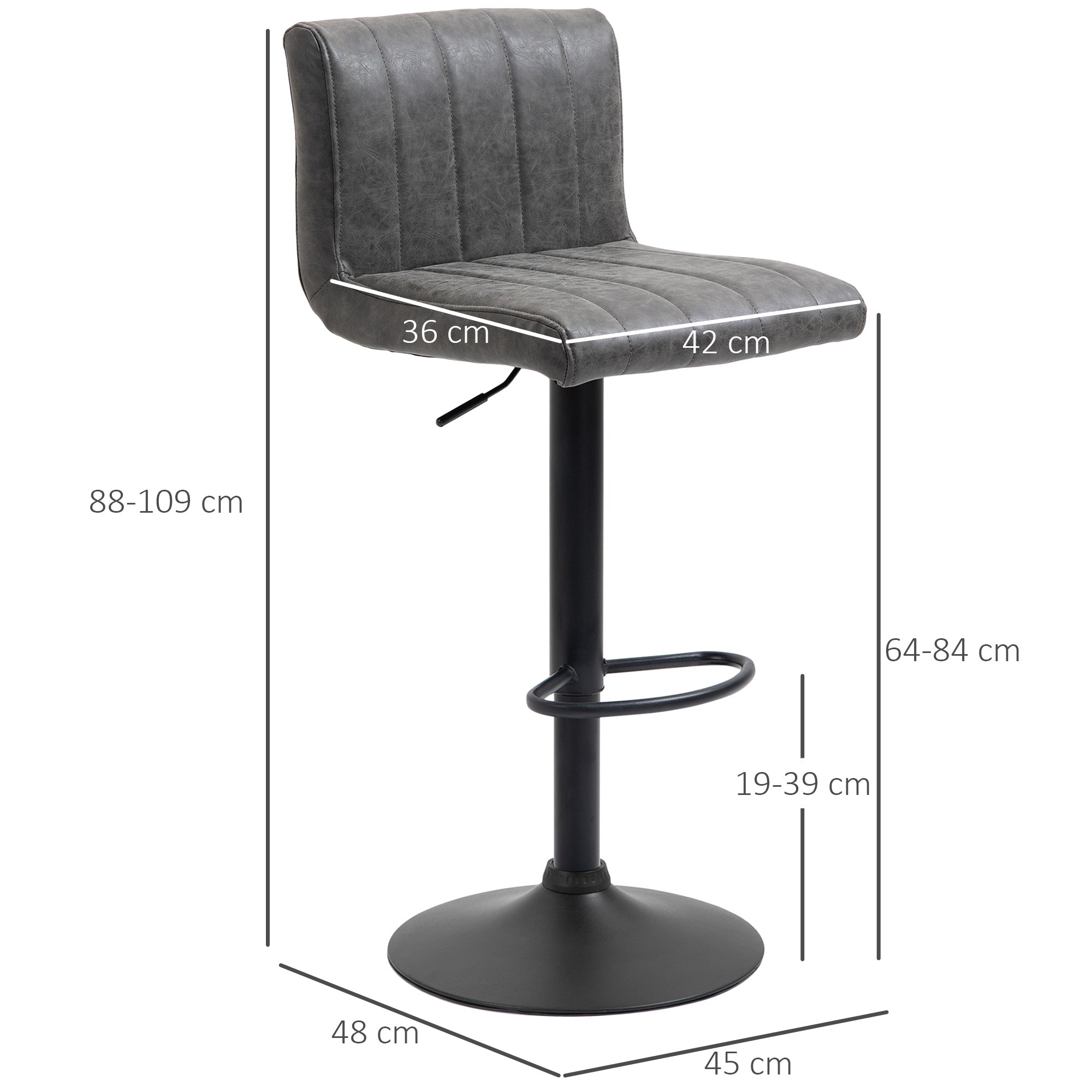 HOMCOM Adjustable Barstools Set of 2, Swivel Counter Bar Chairs, Bar Stools with Footrest, PU Leather, Gas Lift, Grey - North Peak Garden Furniture