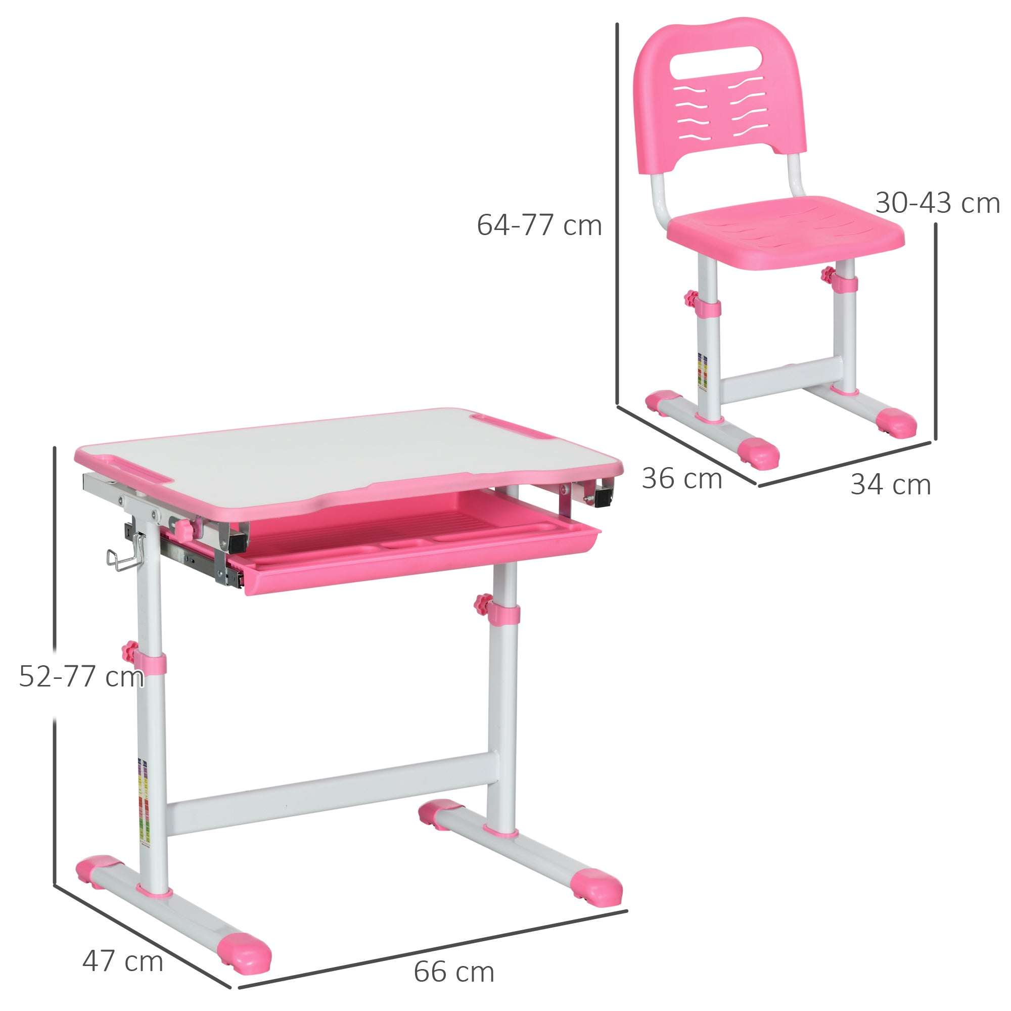 HOMCOM Kids Desk and Chair Set, Student Adjustable Writing Desk, with Drawer, Pen Slot, Hook - Pink - North Peak Garden Furniture