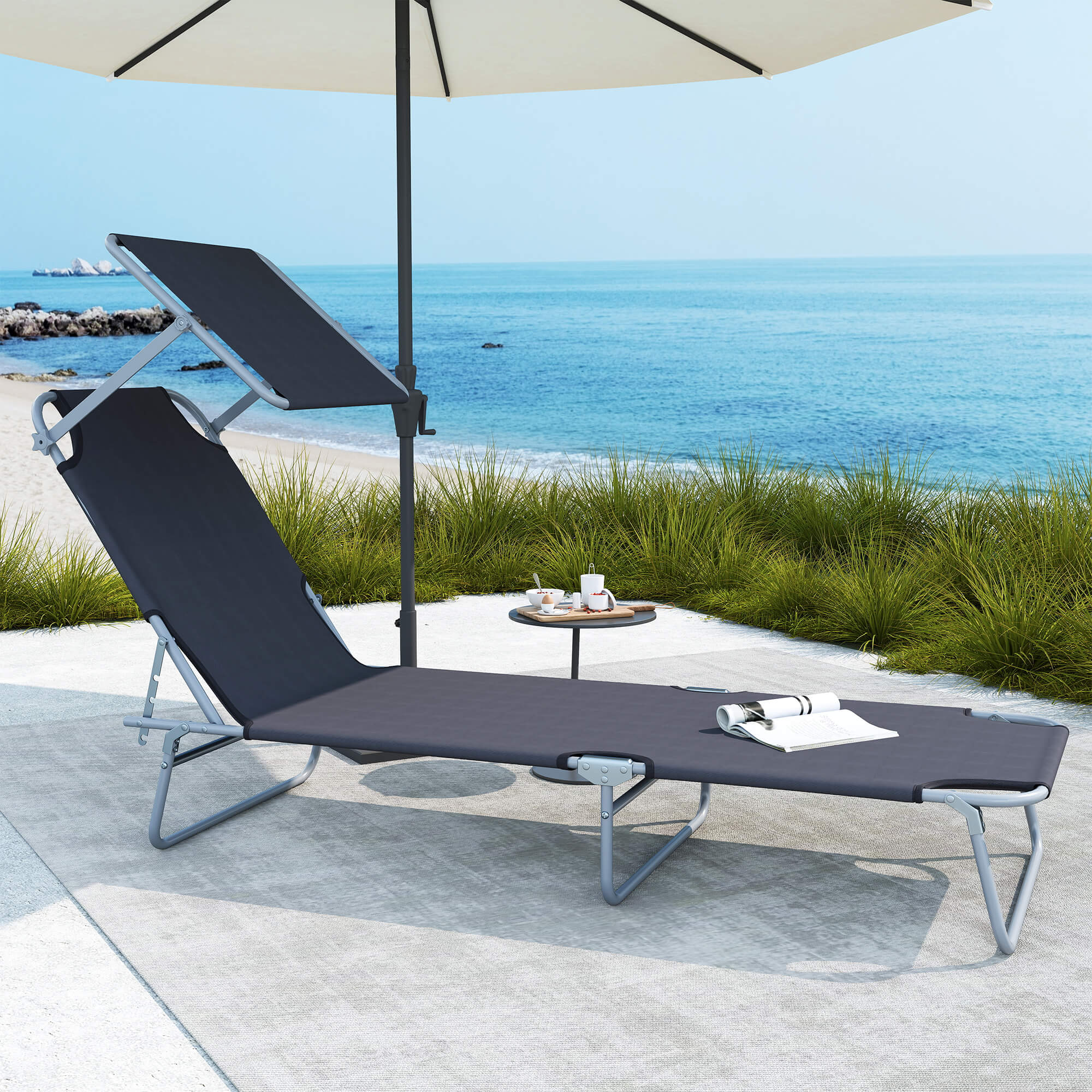 Outsunny Outdoor Foldable Sun Lounger, 4 Level Adjustable Backrest Reclining Sun Lounger Chair with Angle Adjust Sun Shade Awning for Beach, Garden, Patio, Grey - North Peak Garden Furniture