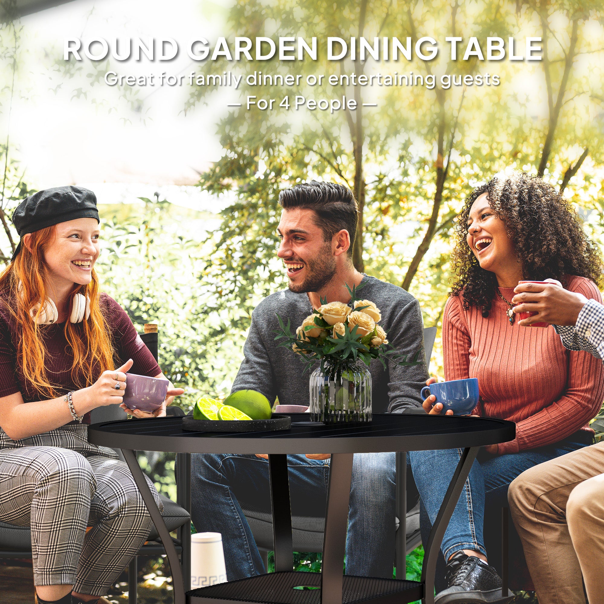 Outsunny 90 cm Garden Dining Table with 4-5 cm Parasol Hole, Round Outdoor Dining Table, Steel Garden Table with Slatted Metal Top and Wire Shelf for Balcony, Porch, Black - North Peak Garden Furniture