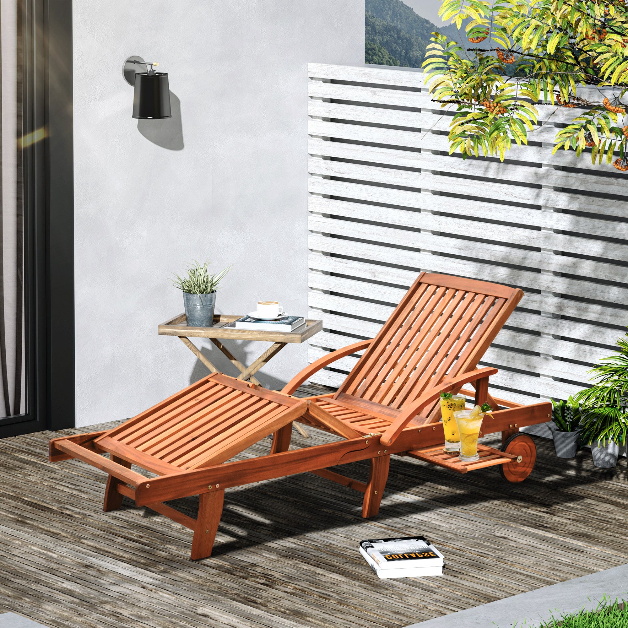 Outsunny Outdoor Garden Patio Wooden Sun Lounger Foldable Recliner Deck Chair Day Bed Furniture with Wheels - North Peak Garden Furniture