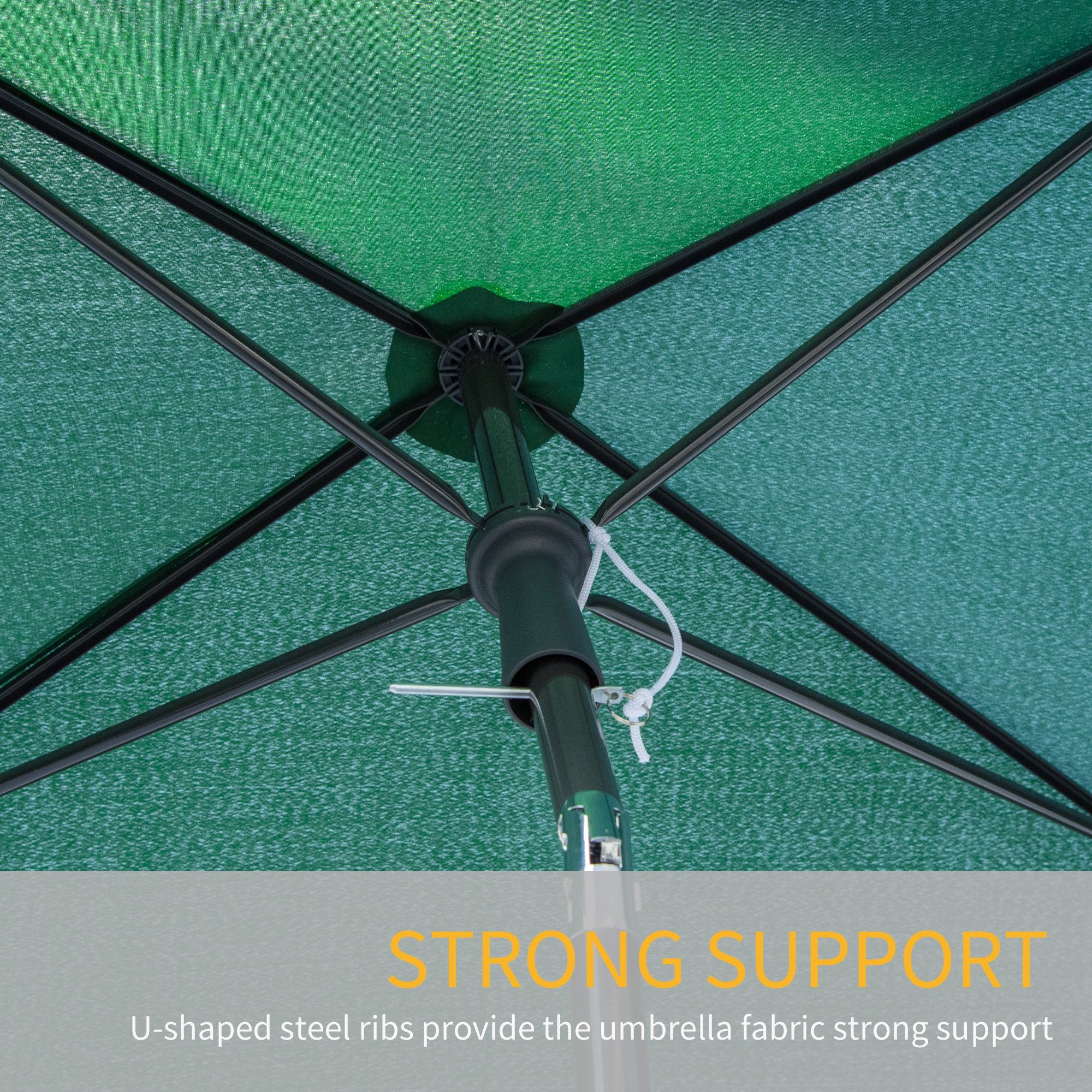 Outsunny Garden Parasol Umbrella, Outdoor Market Table Umbrella with Ruffles & Aluminium Pole, Rectangular Tilting Parasol Sun Shade Canopy, 2 x 1.3m, Green - North Peak Garden Furniture