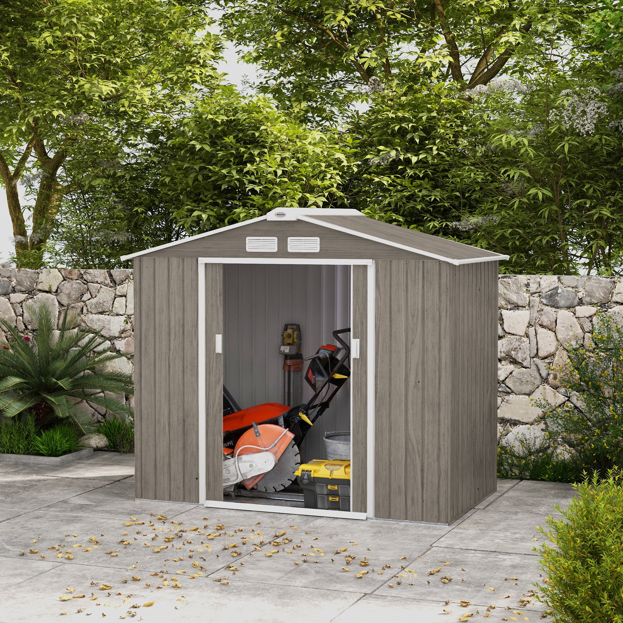 Outsunny 7 x 4ft Metal Garden Storage Shed with Vents, Floor Foundation Kit and Lockable Double Doors, Light Brown - North Peak Garden Furniture
