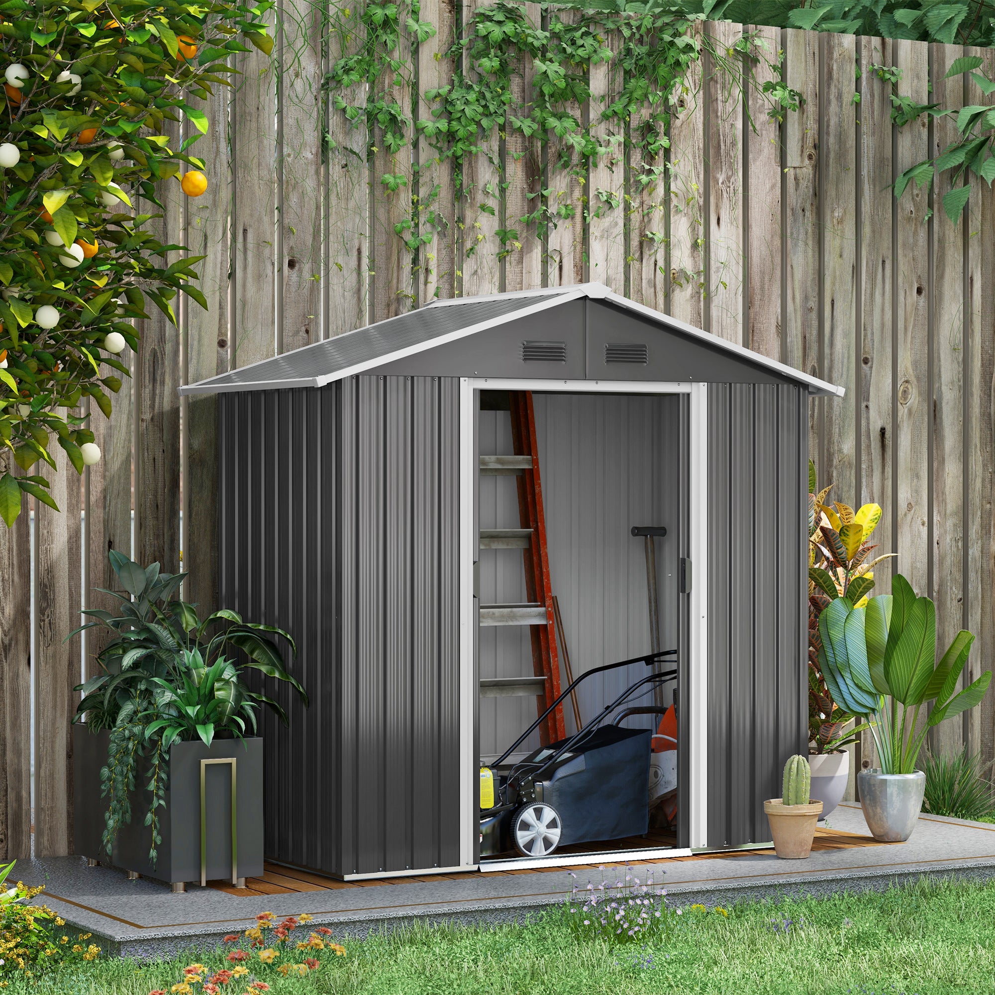 Outsunny 6.5x3.5ft Metal Garden Storage Shed for Outdoor Tool Storage with Double Sliding Doors and 4 Vents, Dark Grey - North Peak Garden Furniture